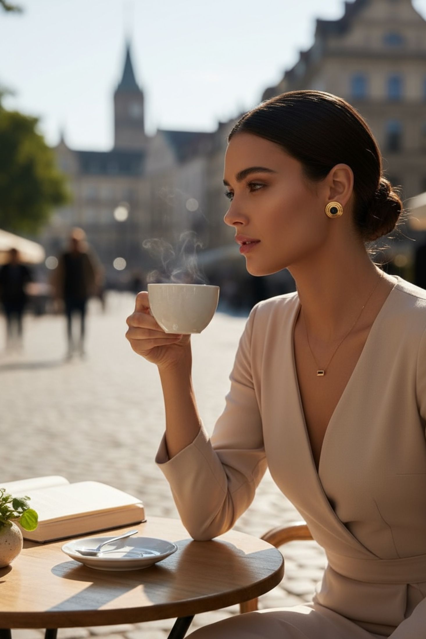The earring worn by a model.
