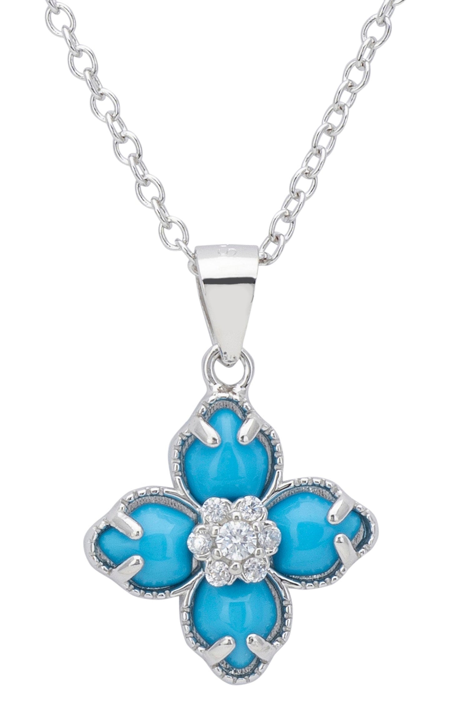 Close-up of the silver and turquoise clover pendant.