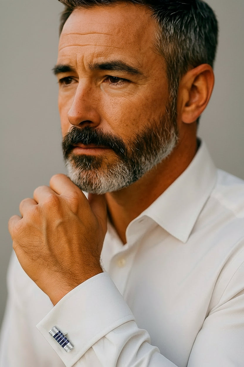 The cufflink worn by a model.