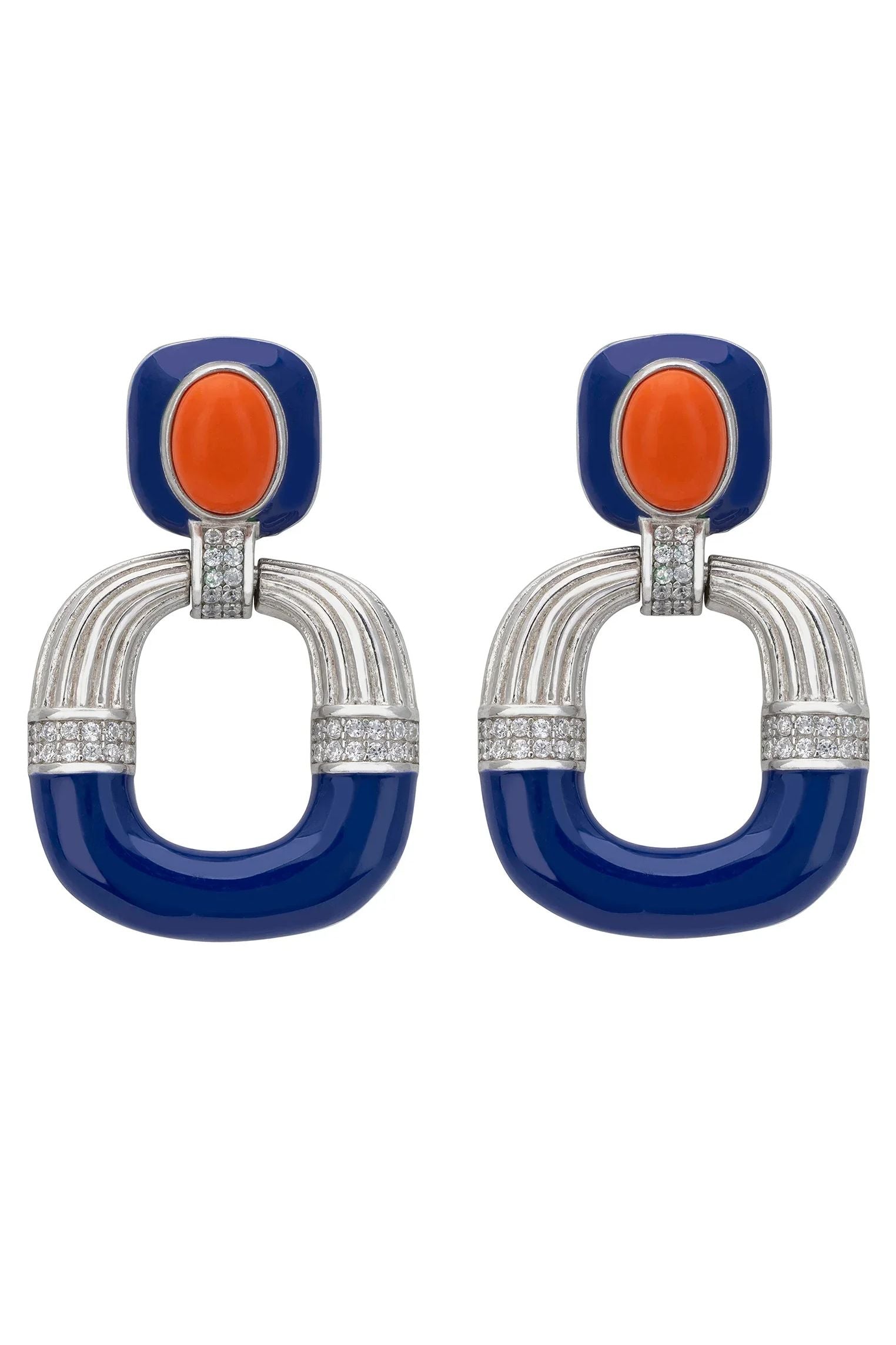 Coral, blue and silver art deco earrings.