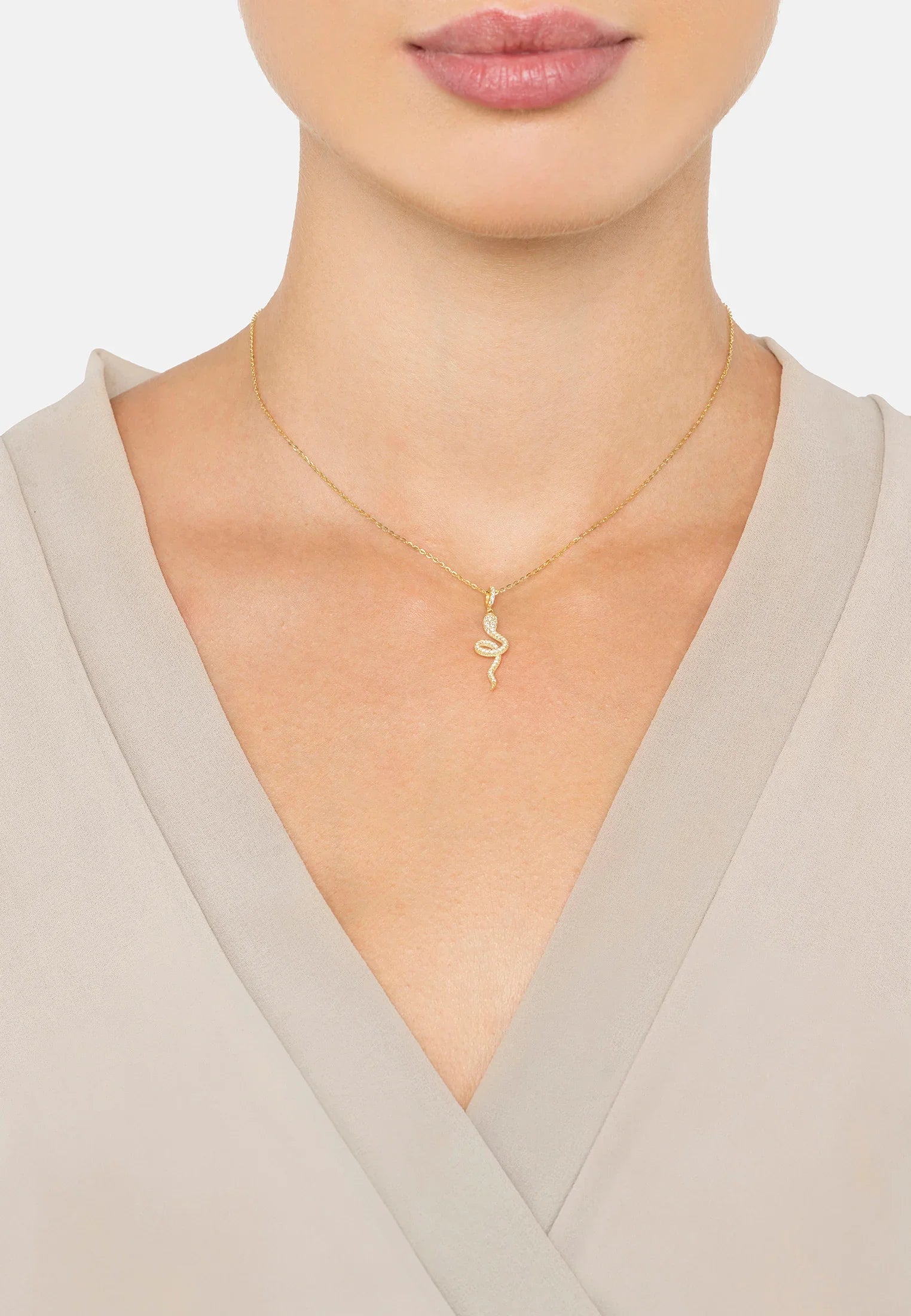 The necklace worn by a model.