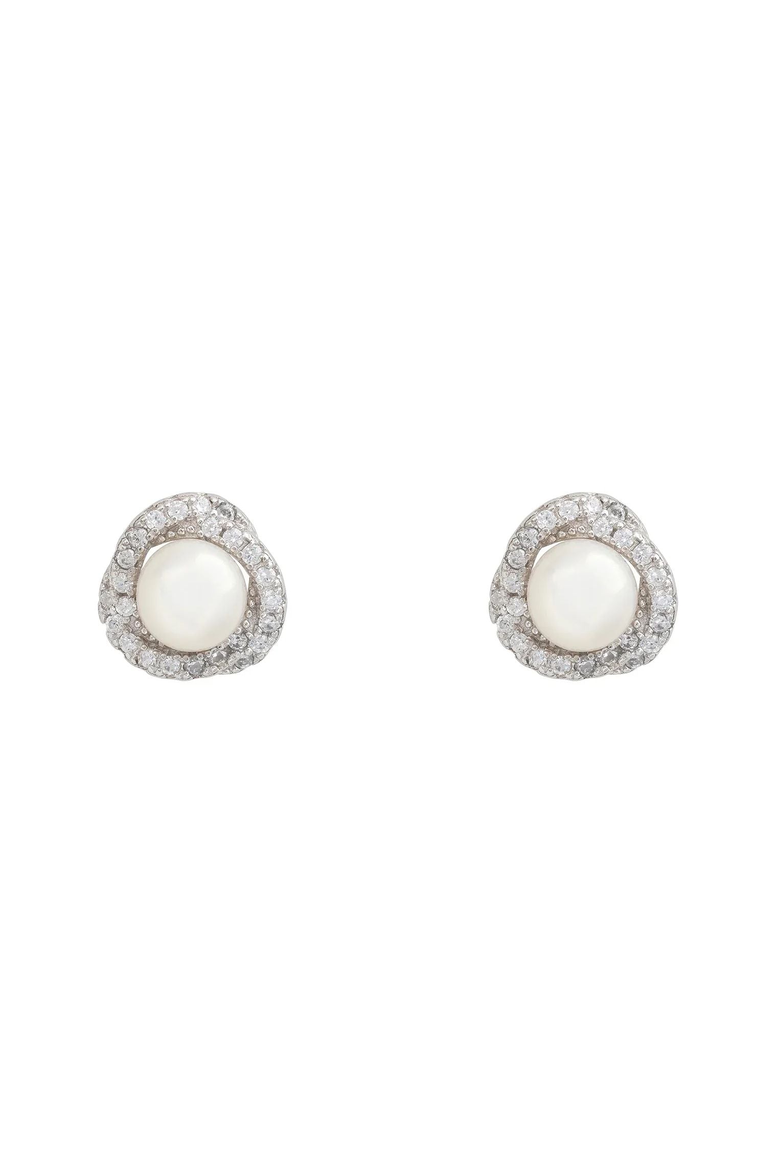 Diamond knotted pearl stud earrings.