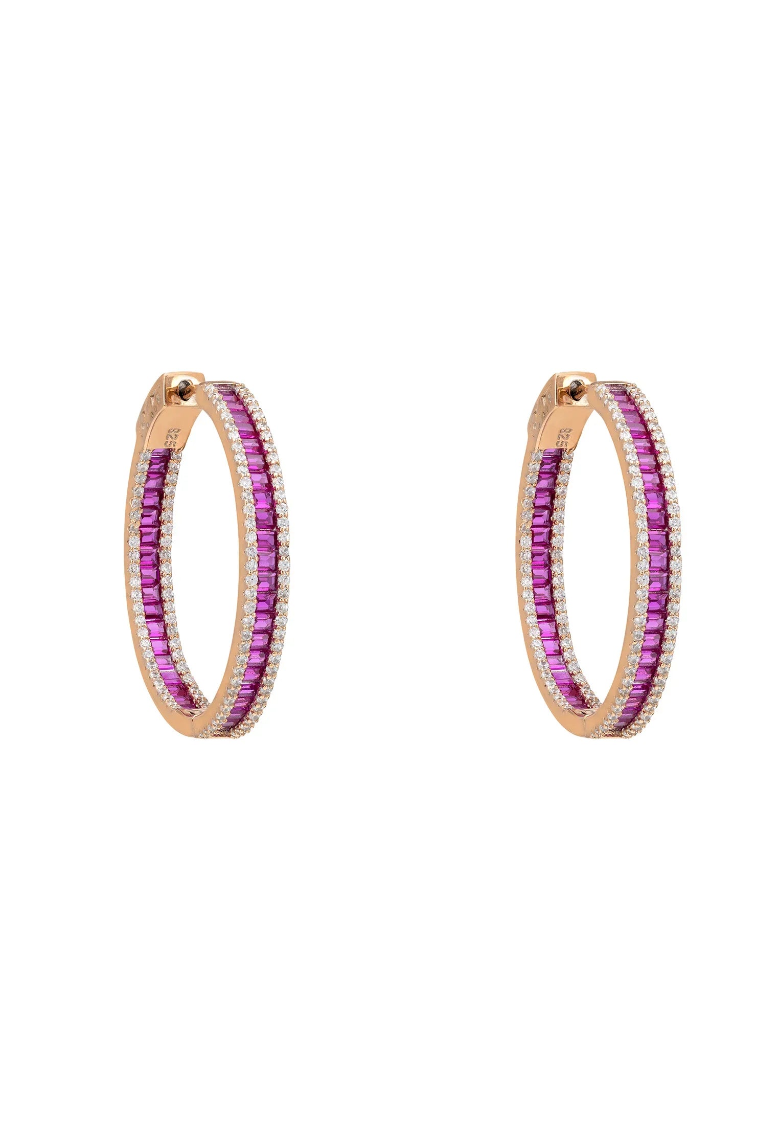 Rose gold ruby hoop earrings.