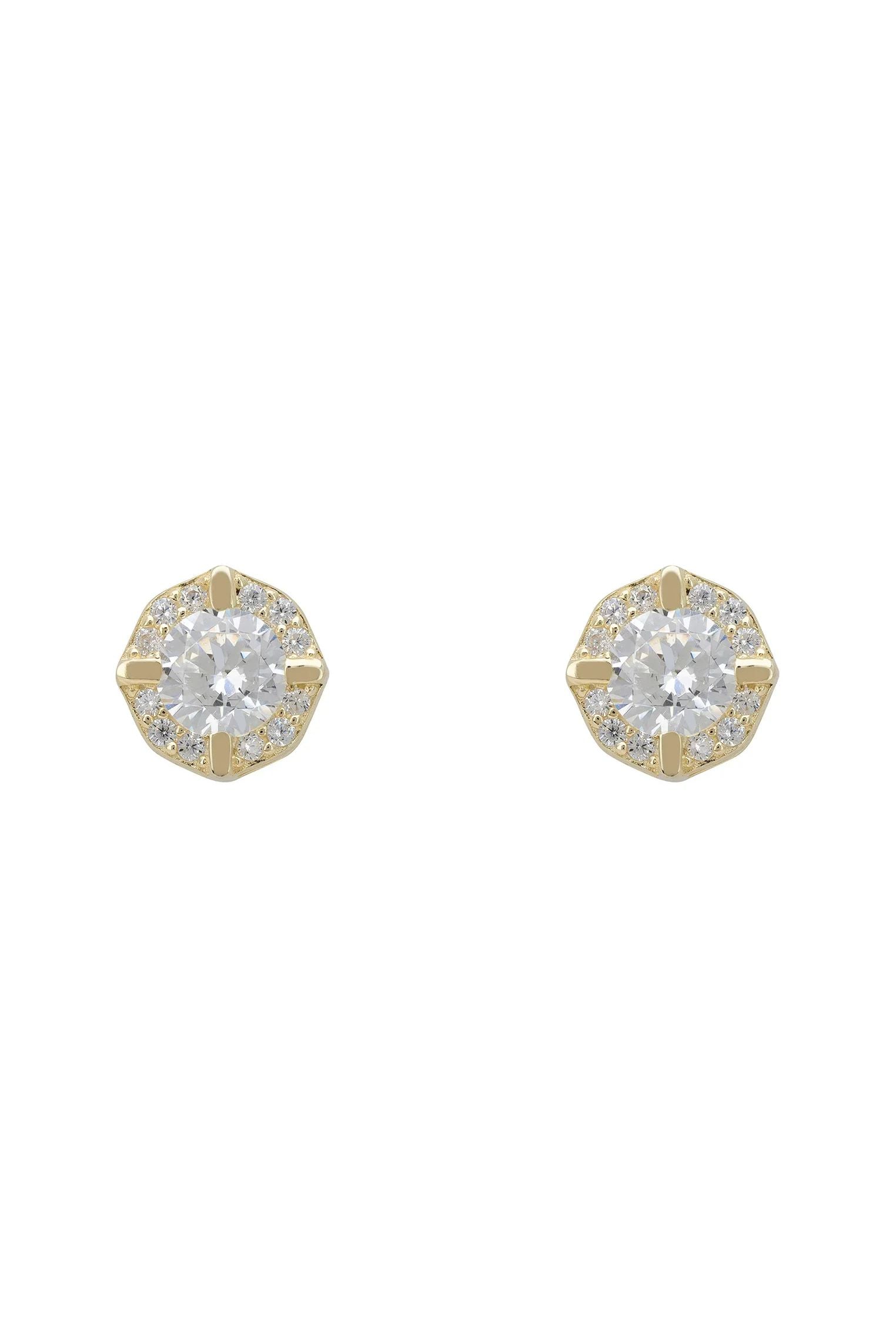 Gold halo diamond stud earrings.