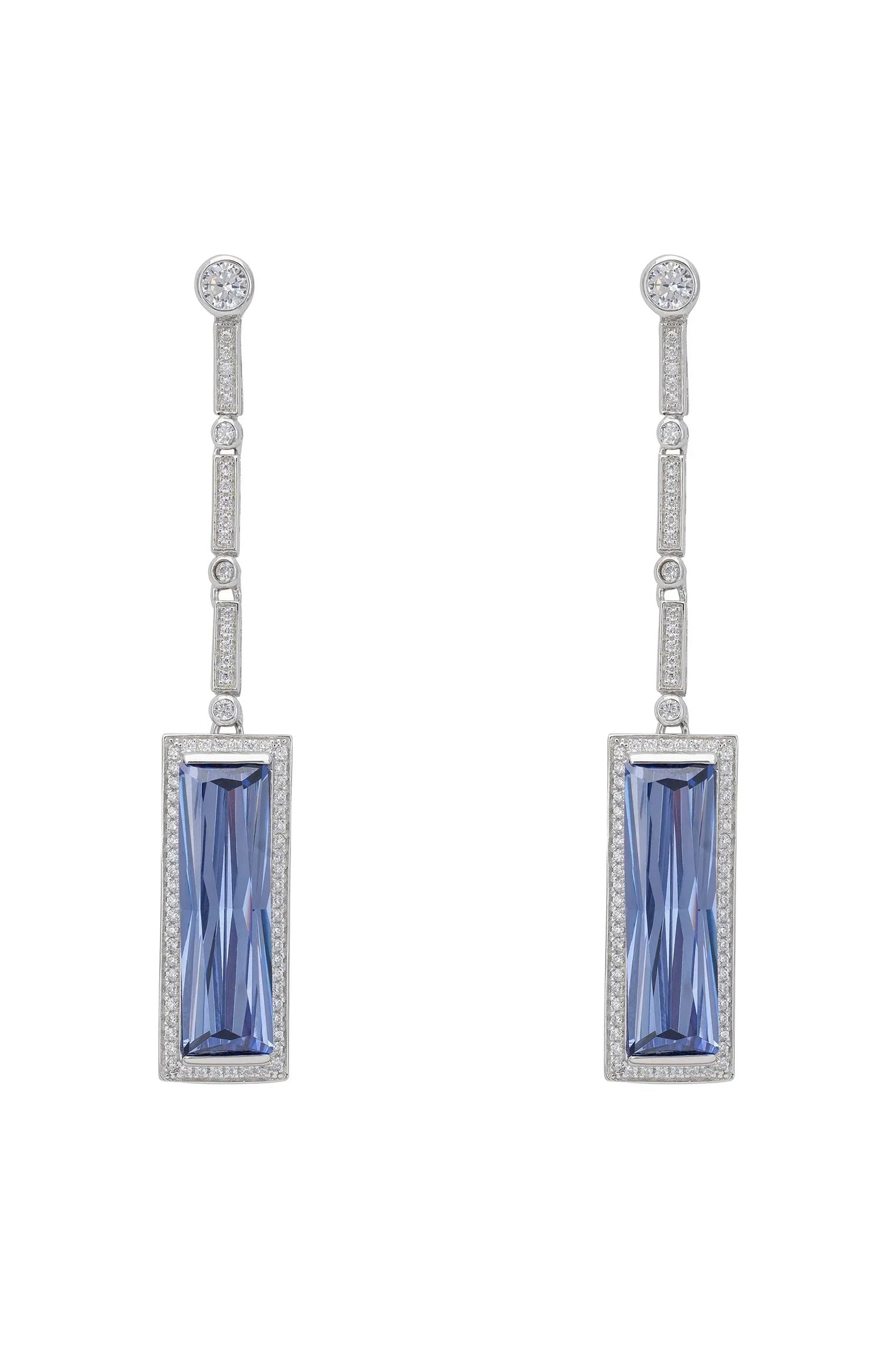 Rectangle blue gemstone diamond long drop earrings.