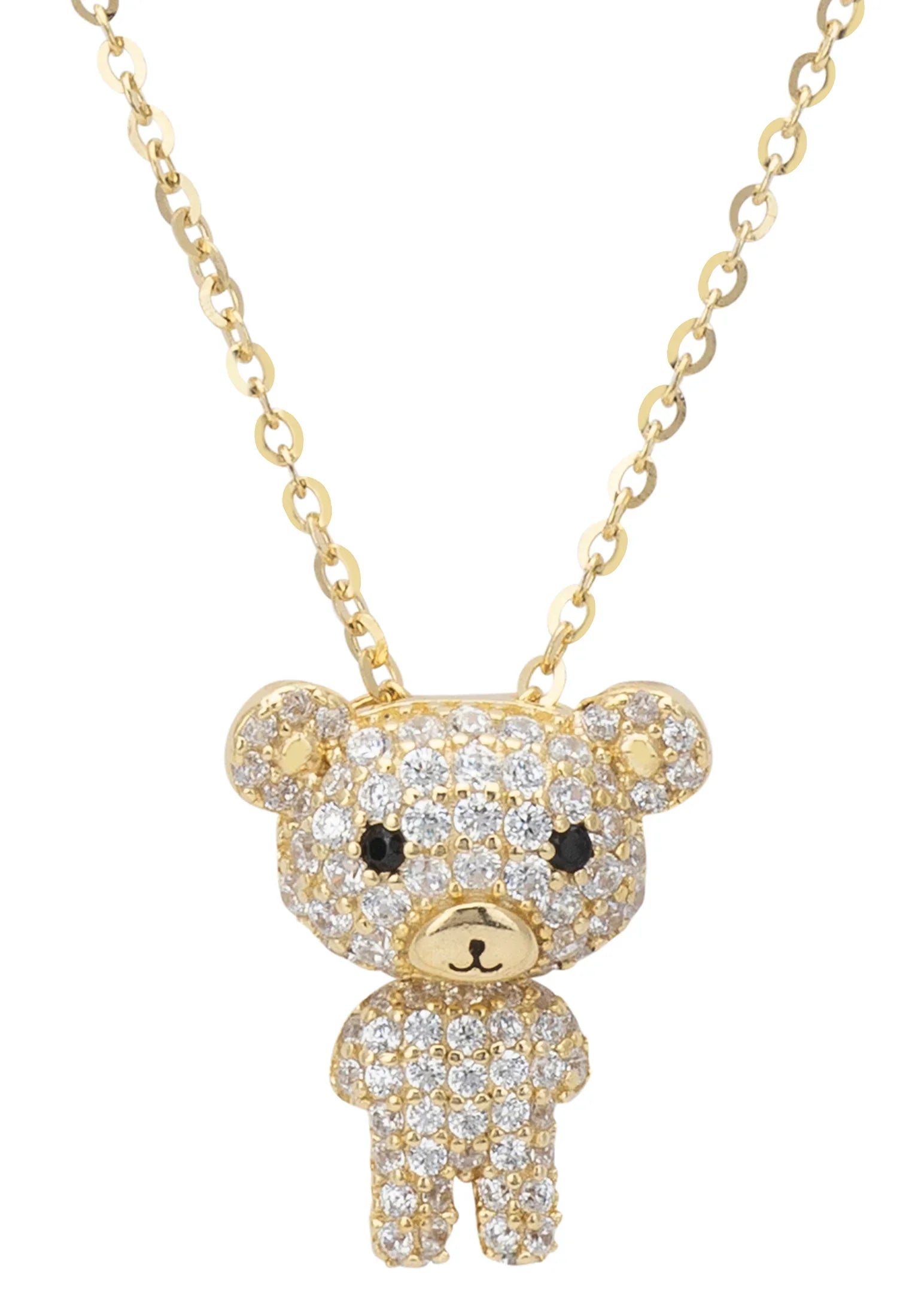 Close-up of the diamond and gold teddy bear pendant.
