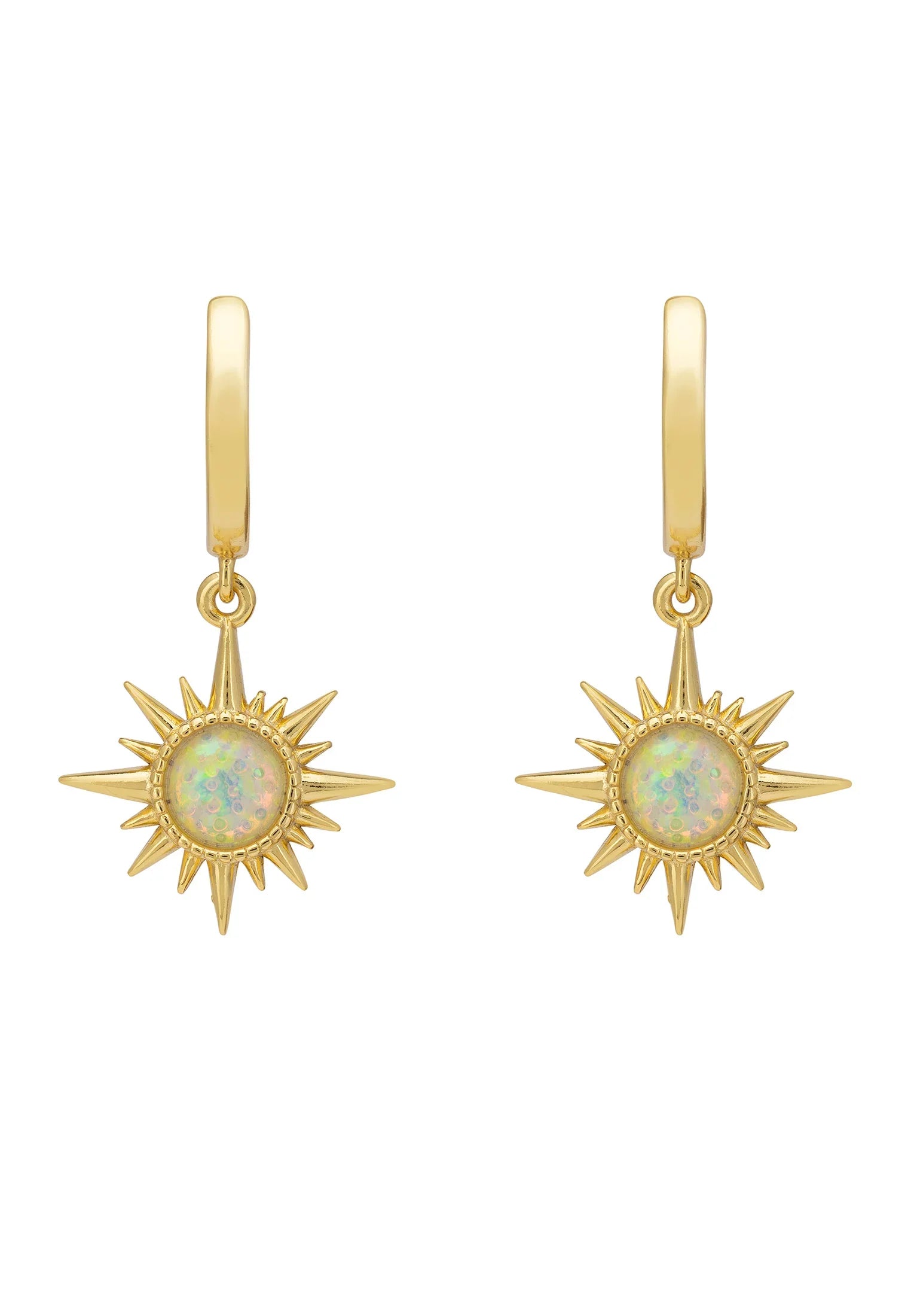 Opal starburst gold hoop earrings.