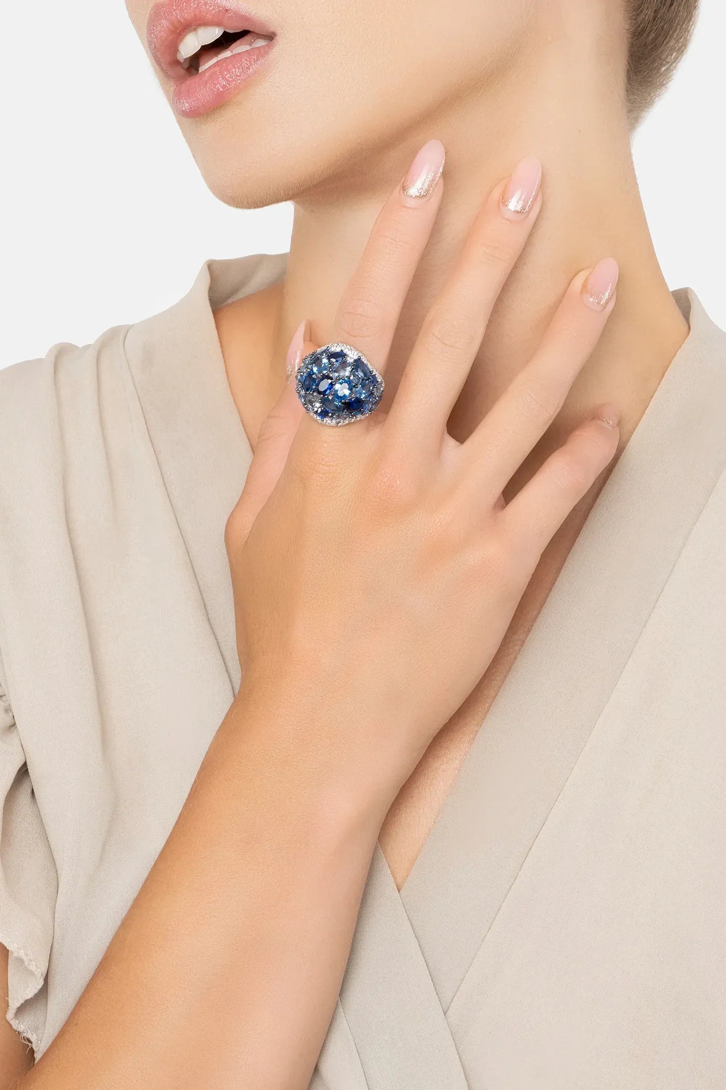 The ring worn by a model.