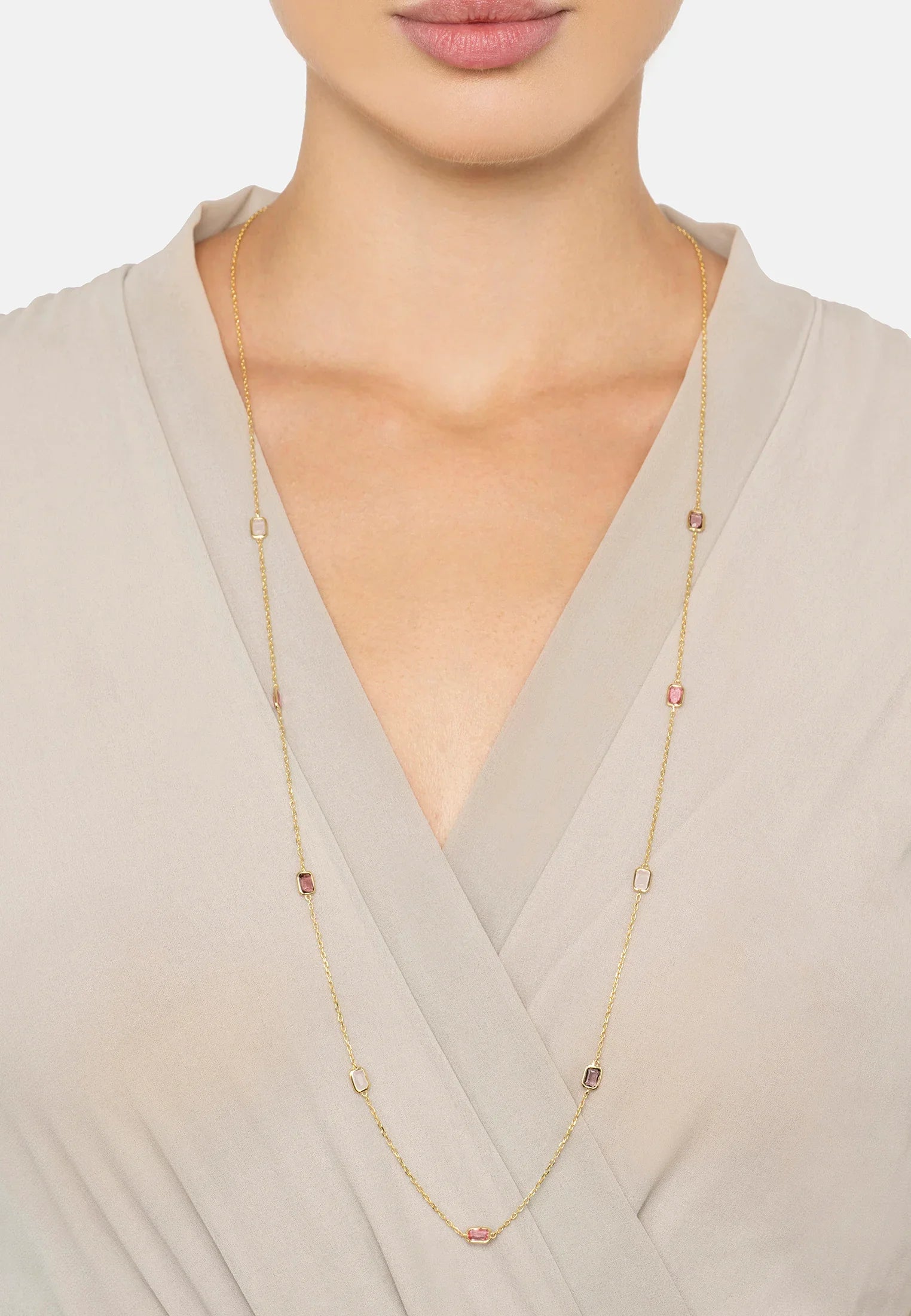 The necklace worn by a model.