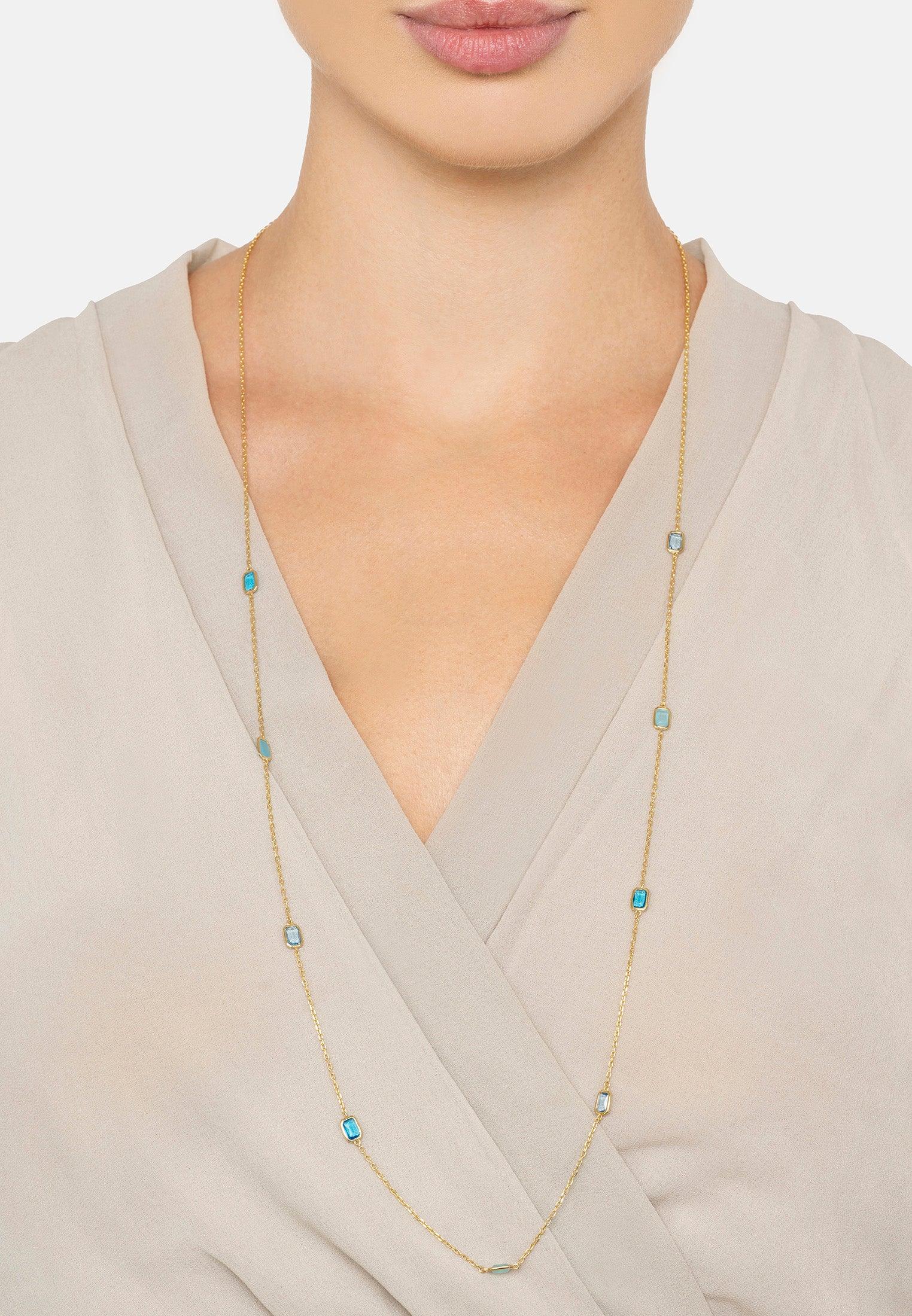 The necklace worn by a model.