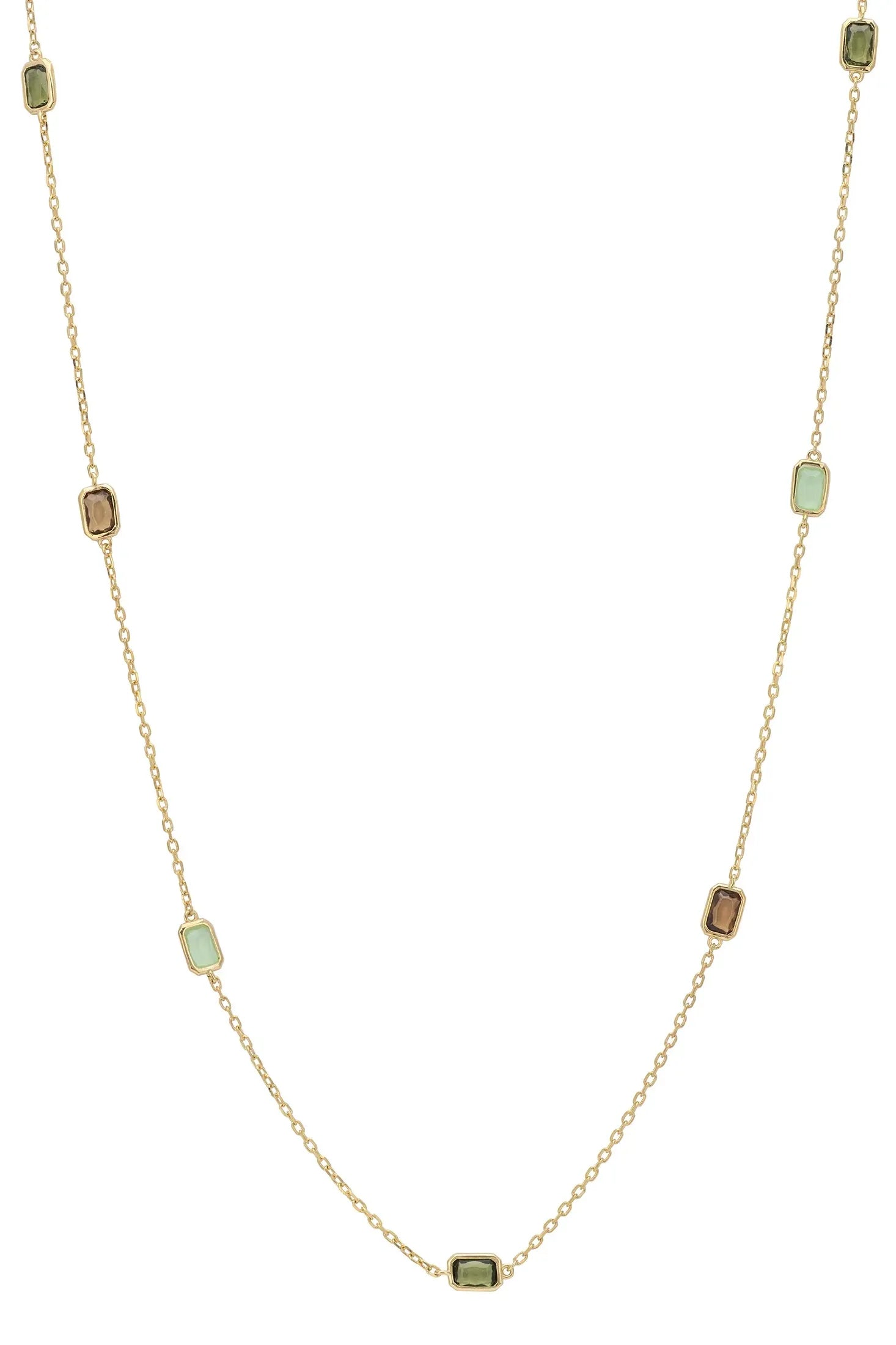 Multiple green gemstone long gold necklace.