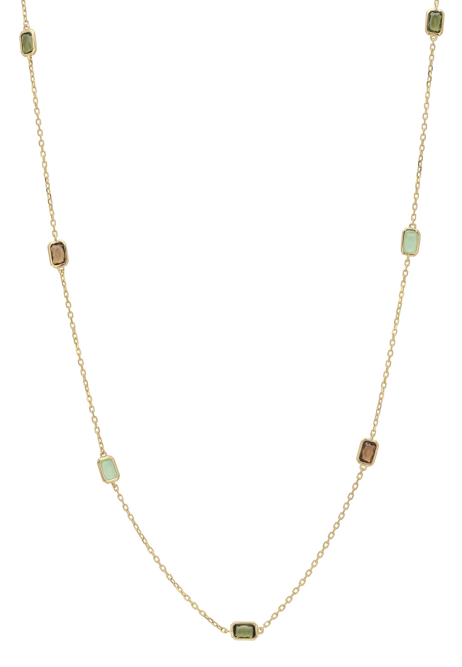 Multiple green gemstone long gold necklace.