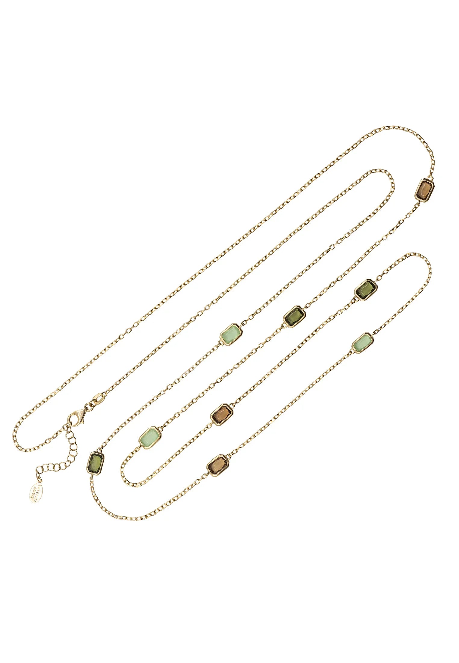 Multiple green gemstone long gold necklace.