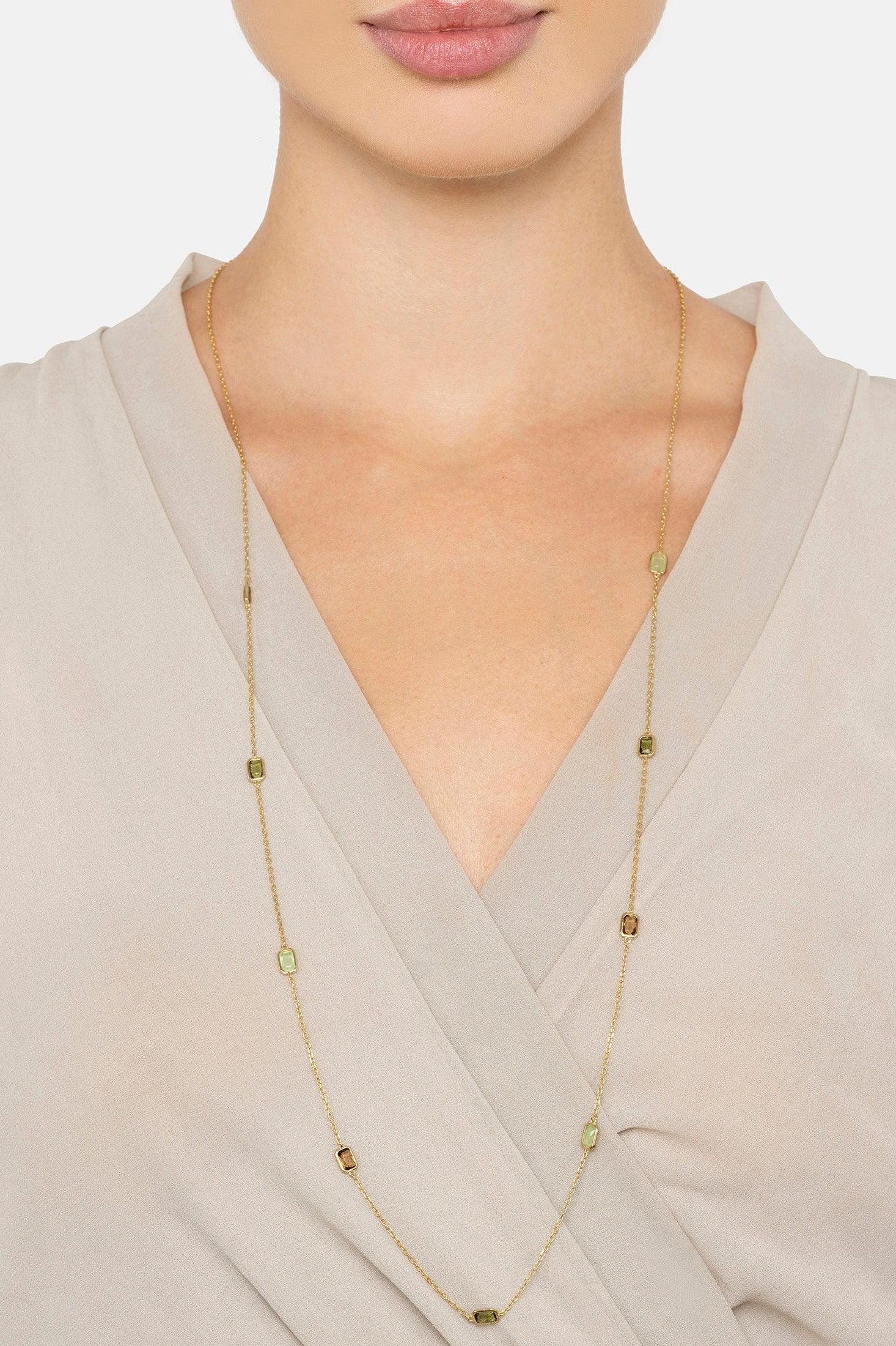 The necklace worn by a model.