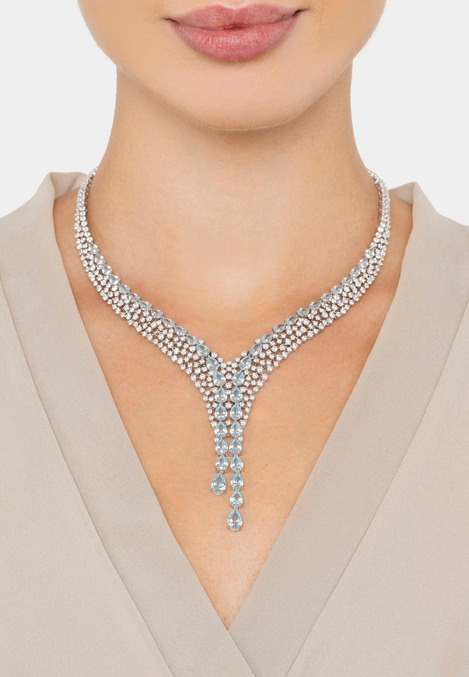 The necklace worn by a model.