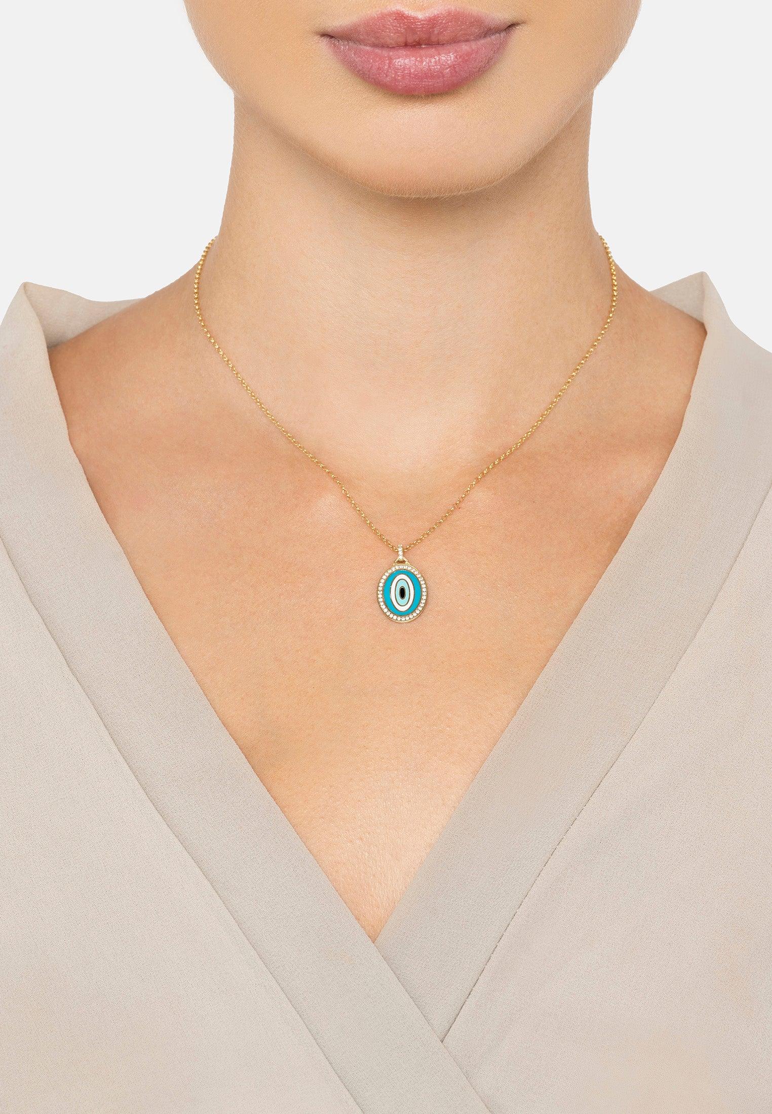 The necklace worn by a model.