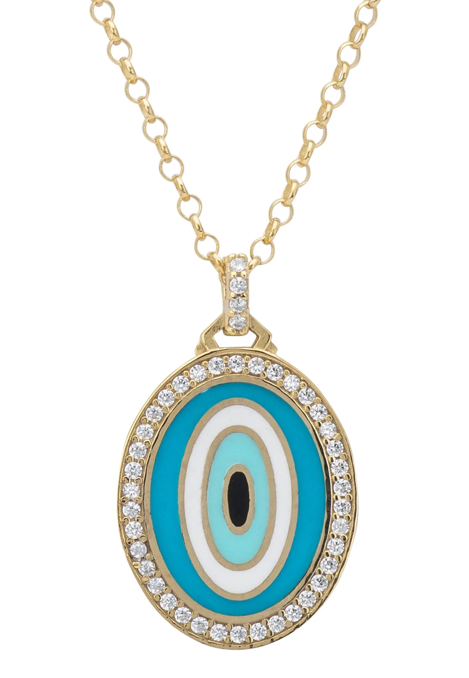 Close-up of the turquoise evil eye pendant.