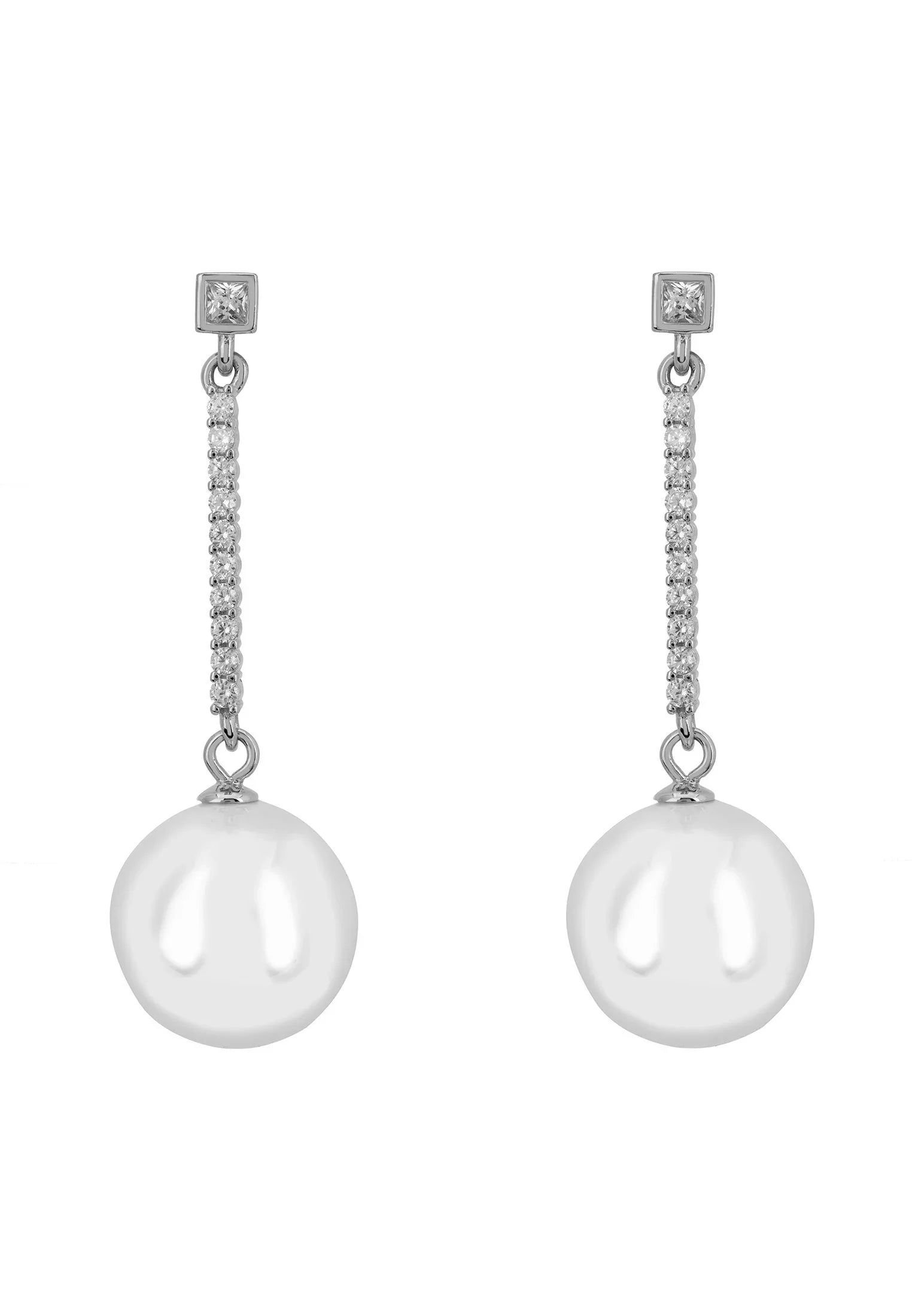 Diamond string pearl drop earrings.