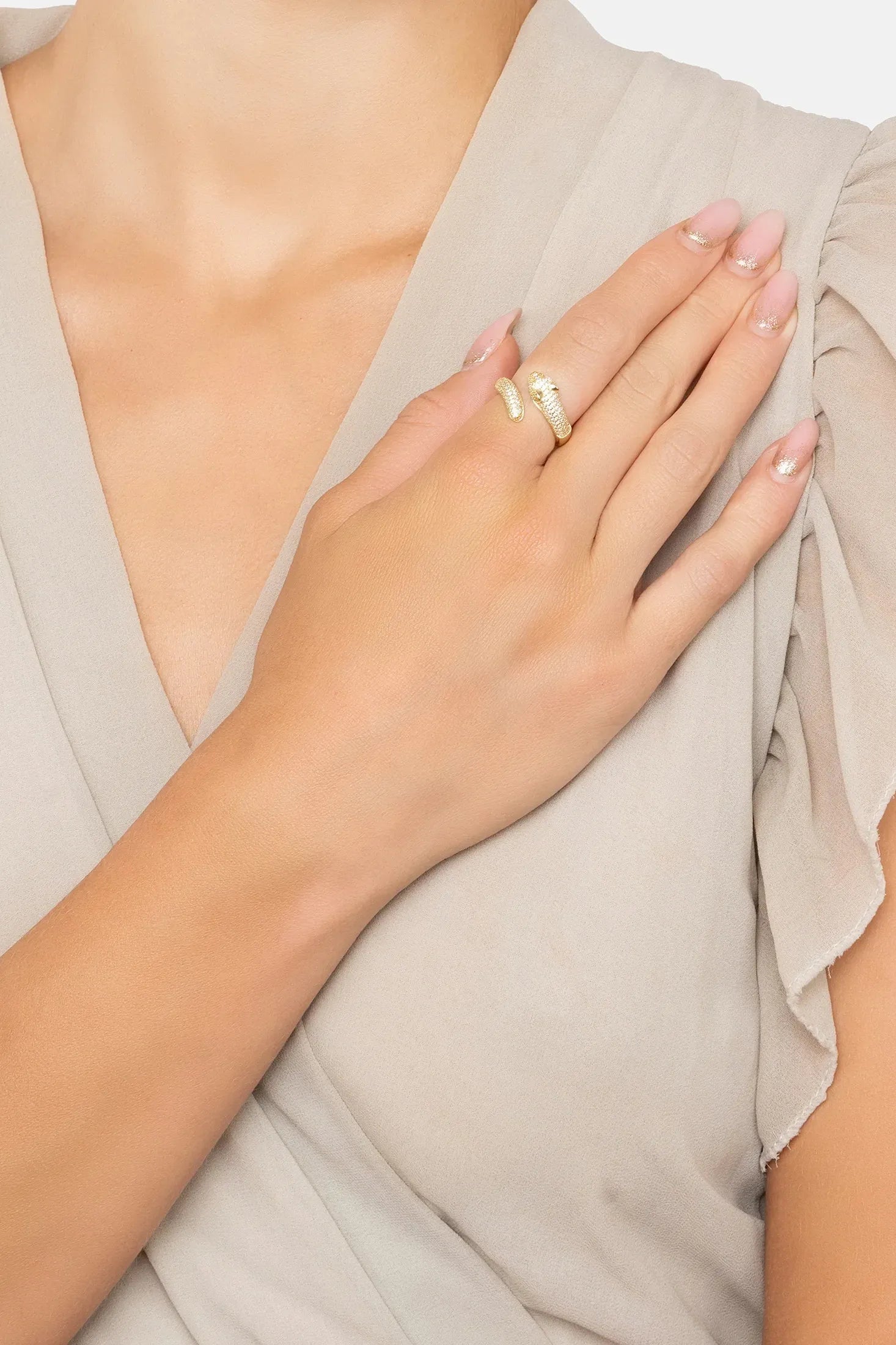 The ring worn by a model.