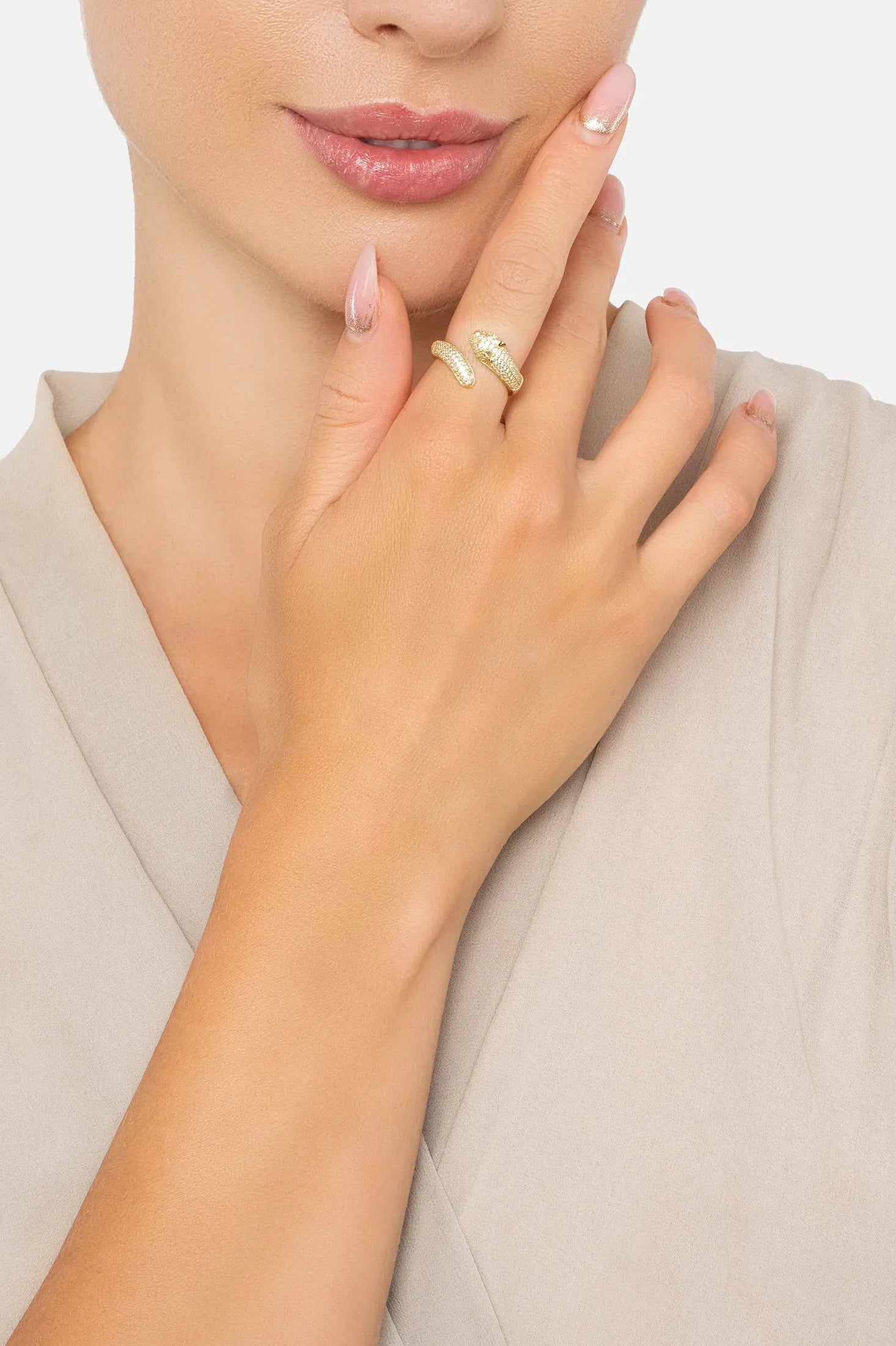 The ring worn by a model.