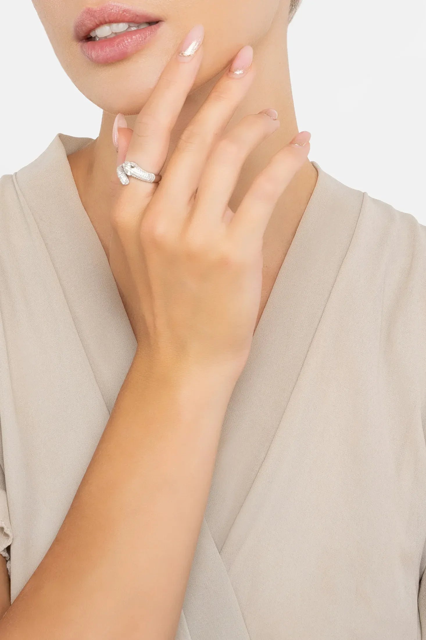The ring worn by a model.