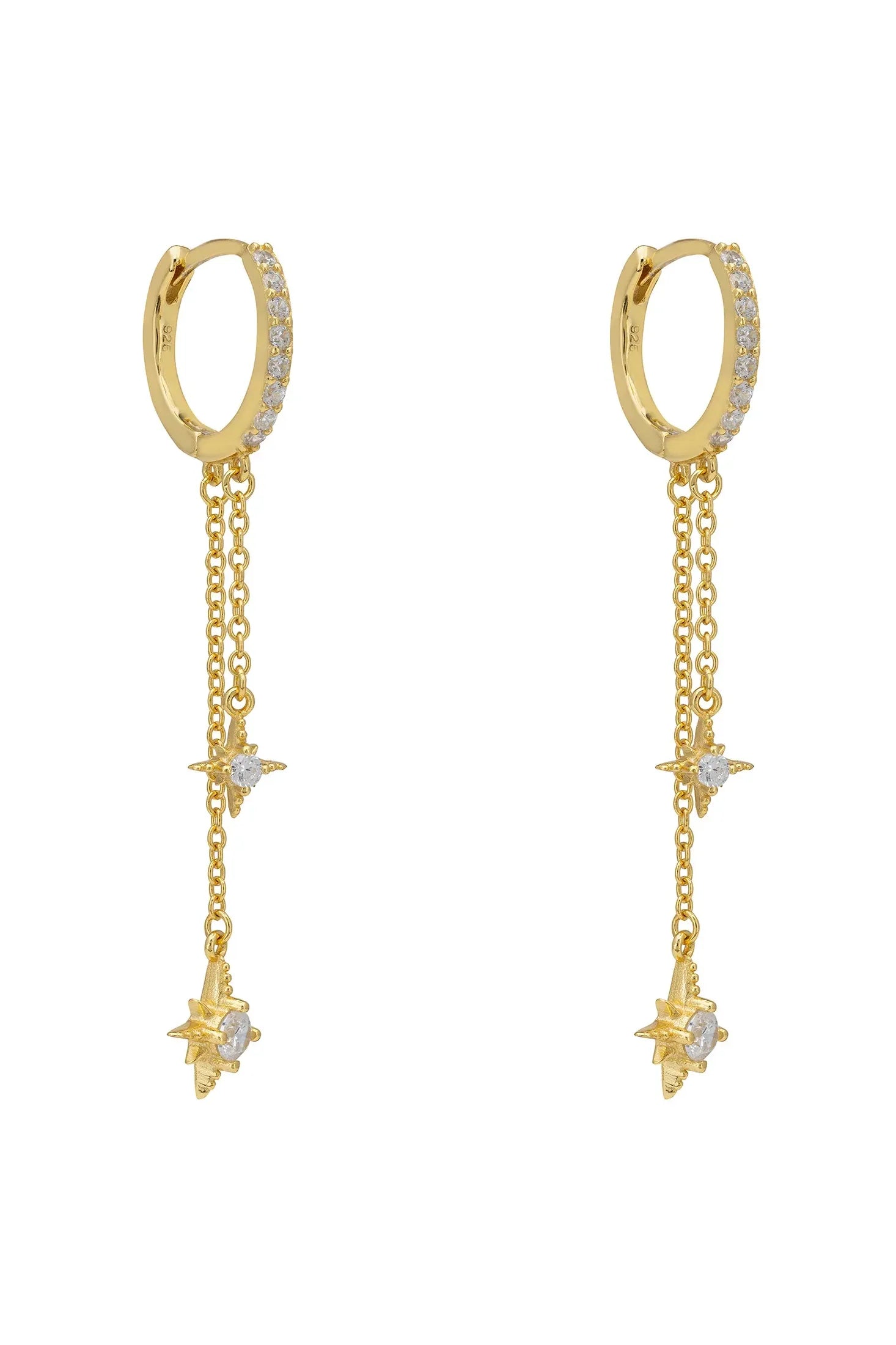 Dangling diamond star gold hoop earrings.