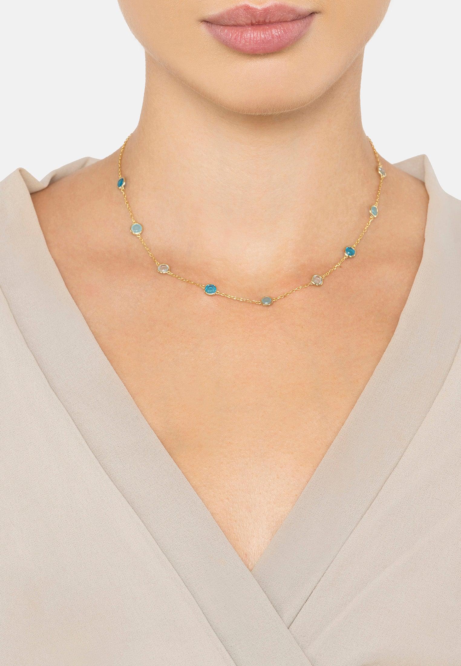 The necklace worn by a model.