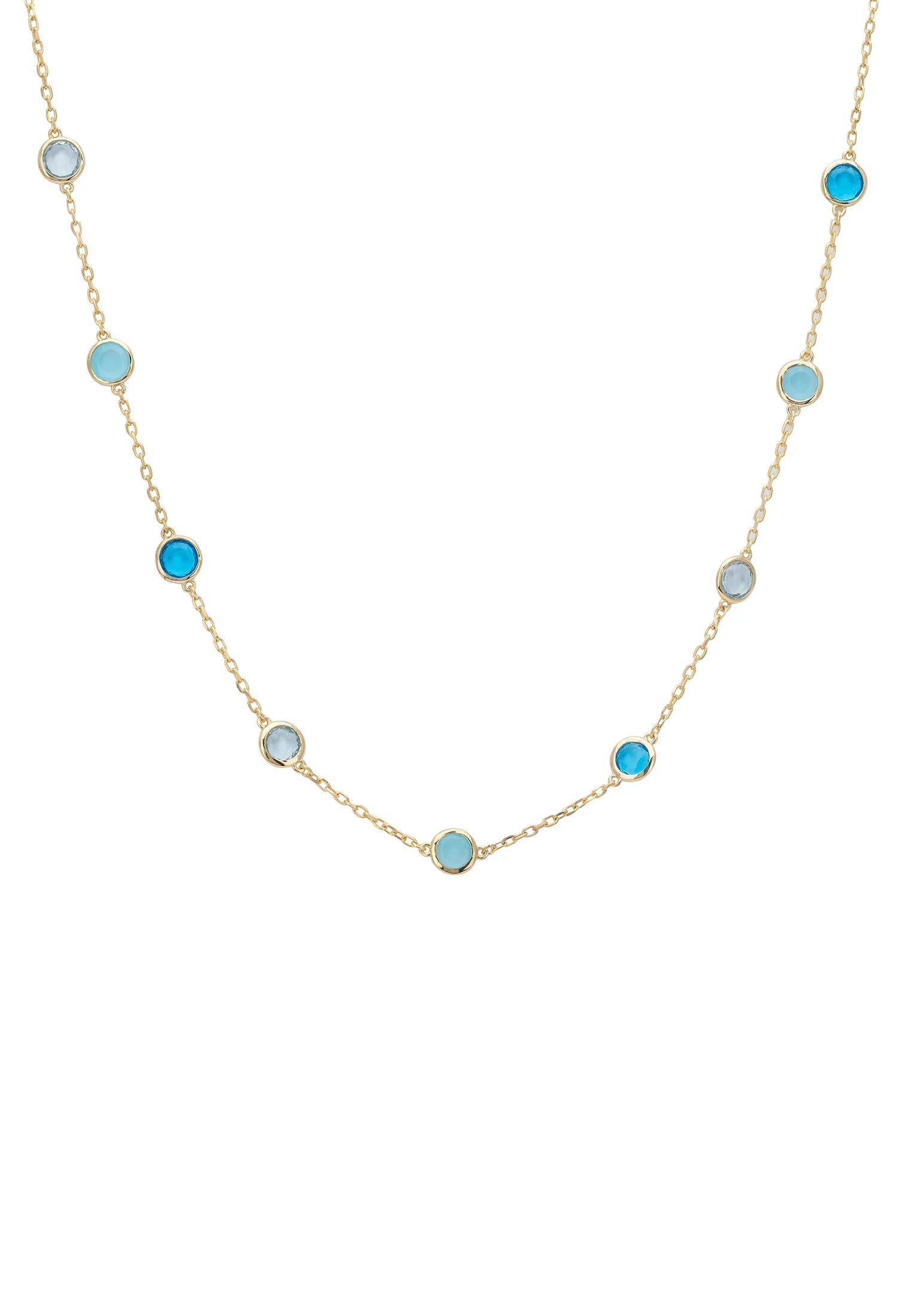 Multiple blue gemstone gold necklace.