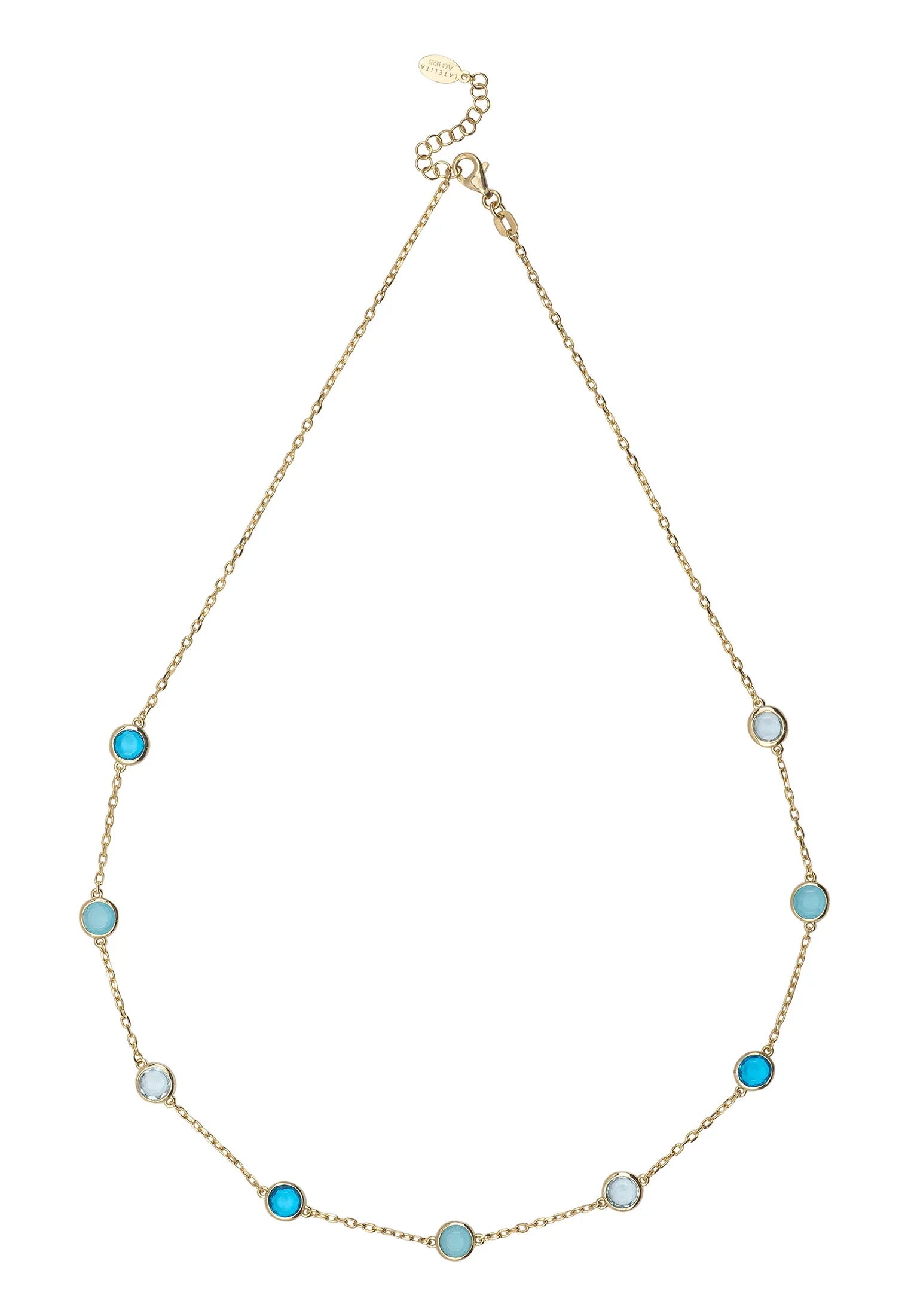 Multiple blue gemstone gold necklace.