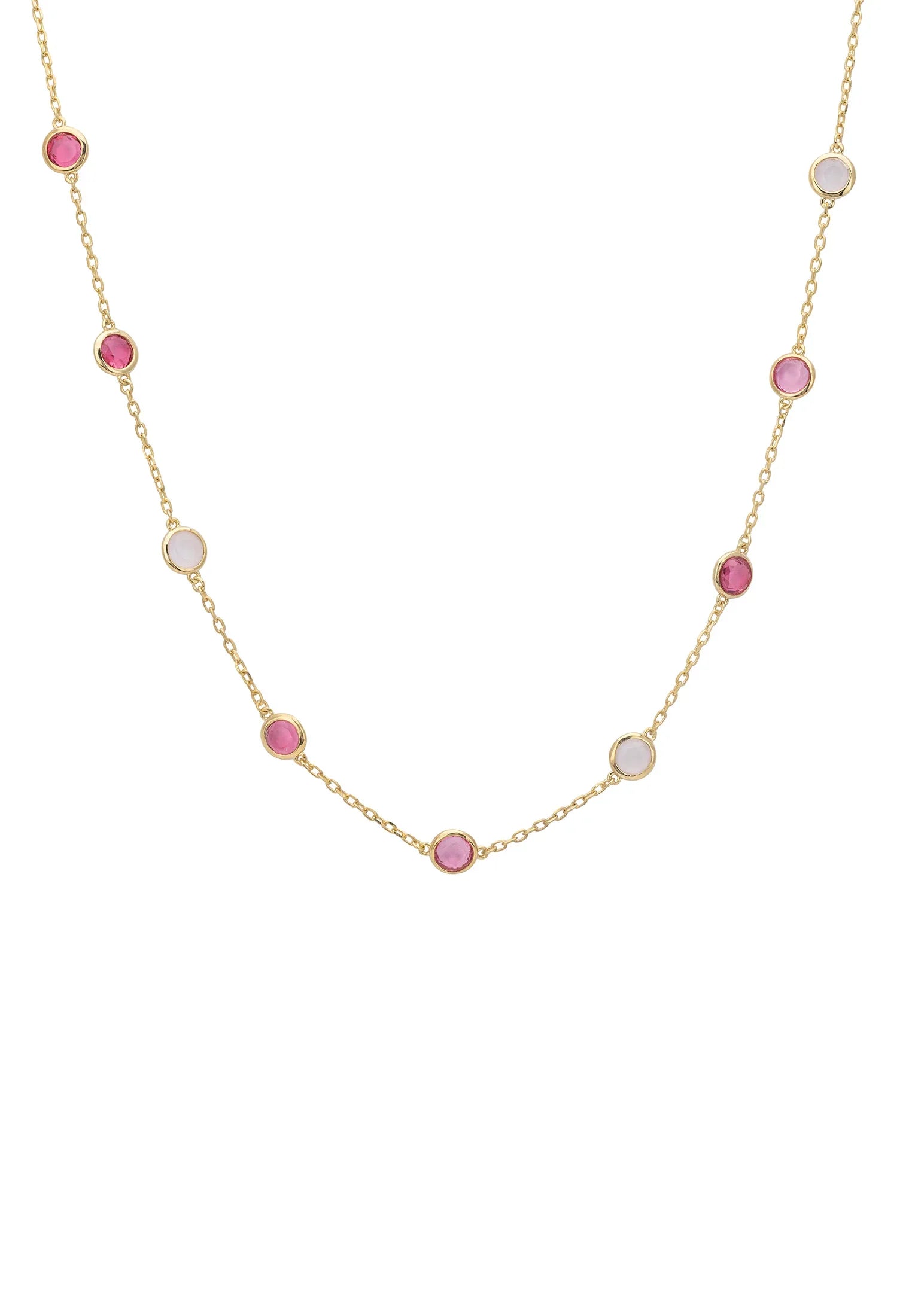 Multiple pink gemstone gold necklace.