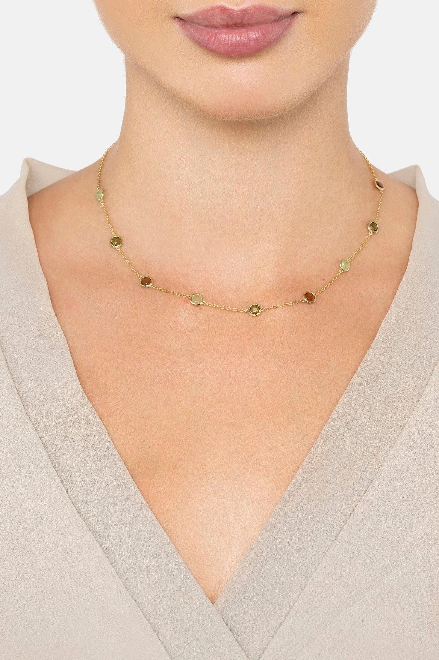 The necklace on a model.