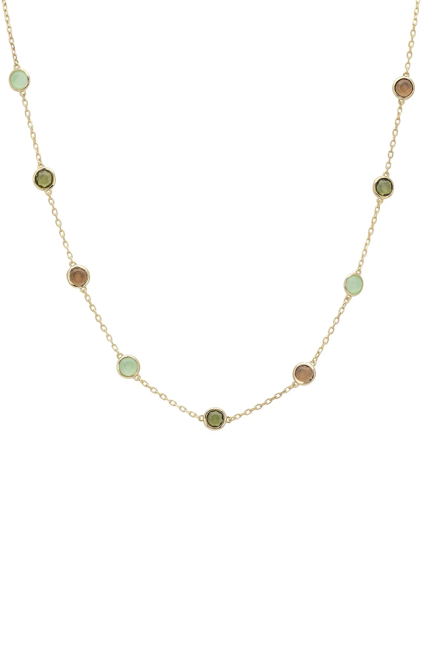 Multiple green gemstone gold necklace.