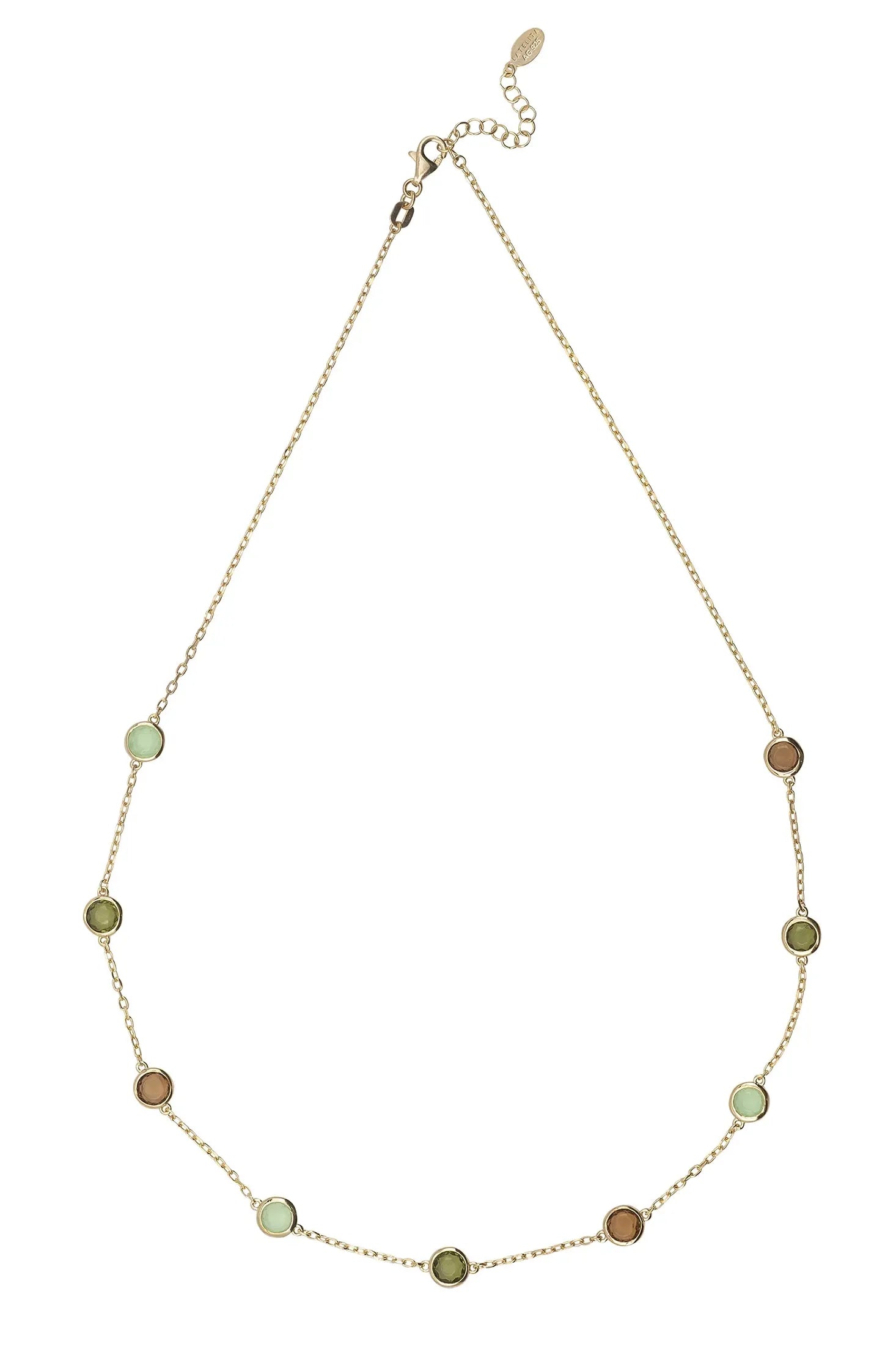 Multiple green gemstone gold necklace.