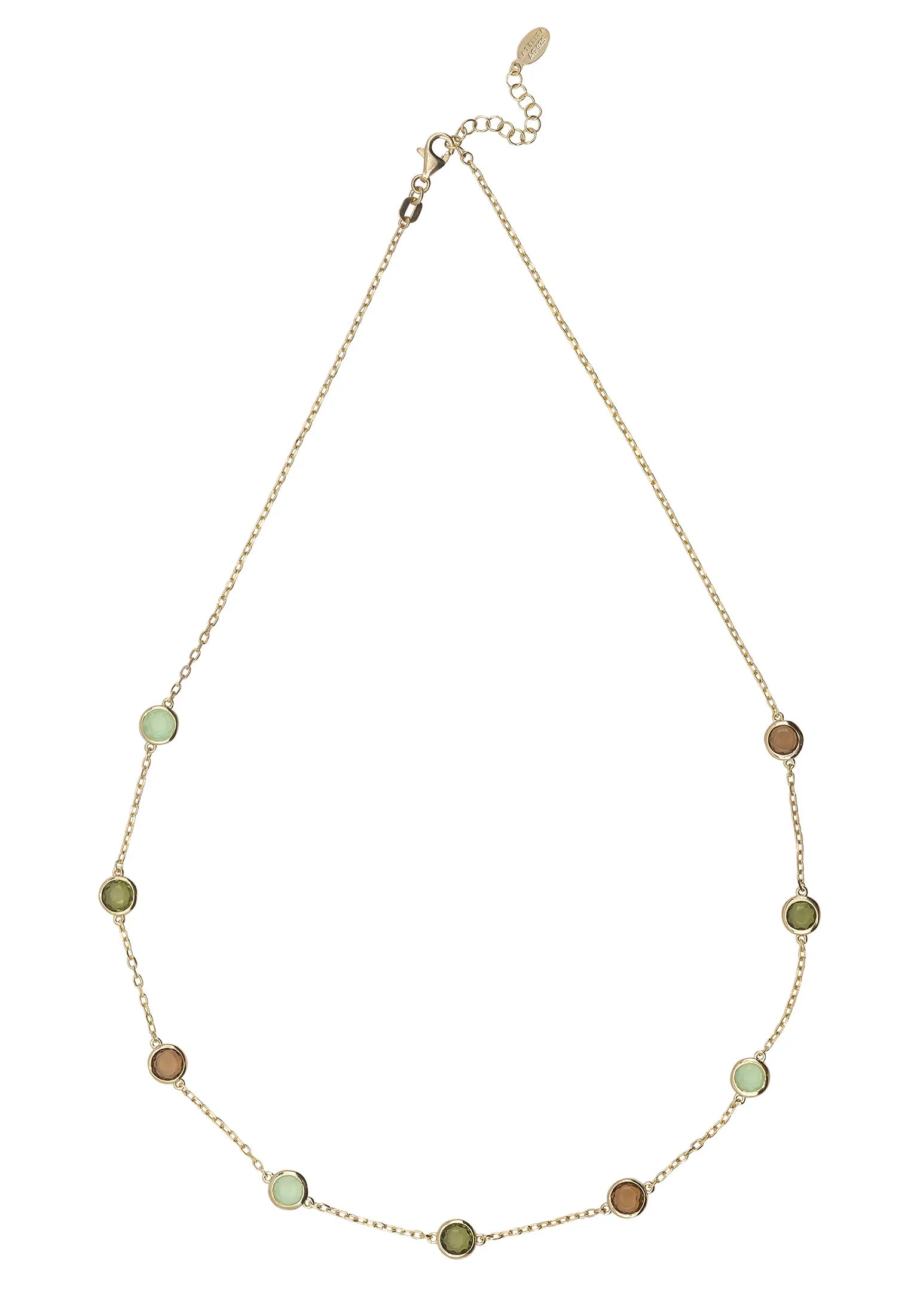 Multiple green gemstone gold necklace.