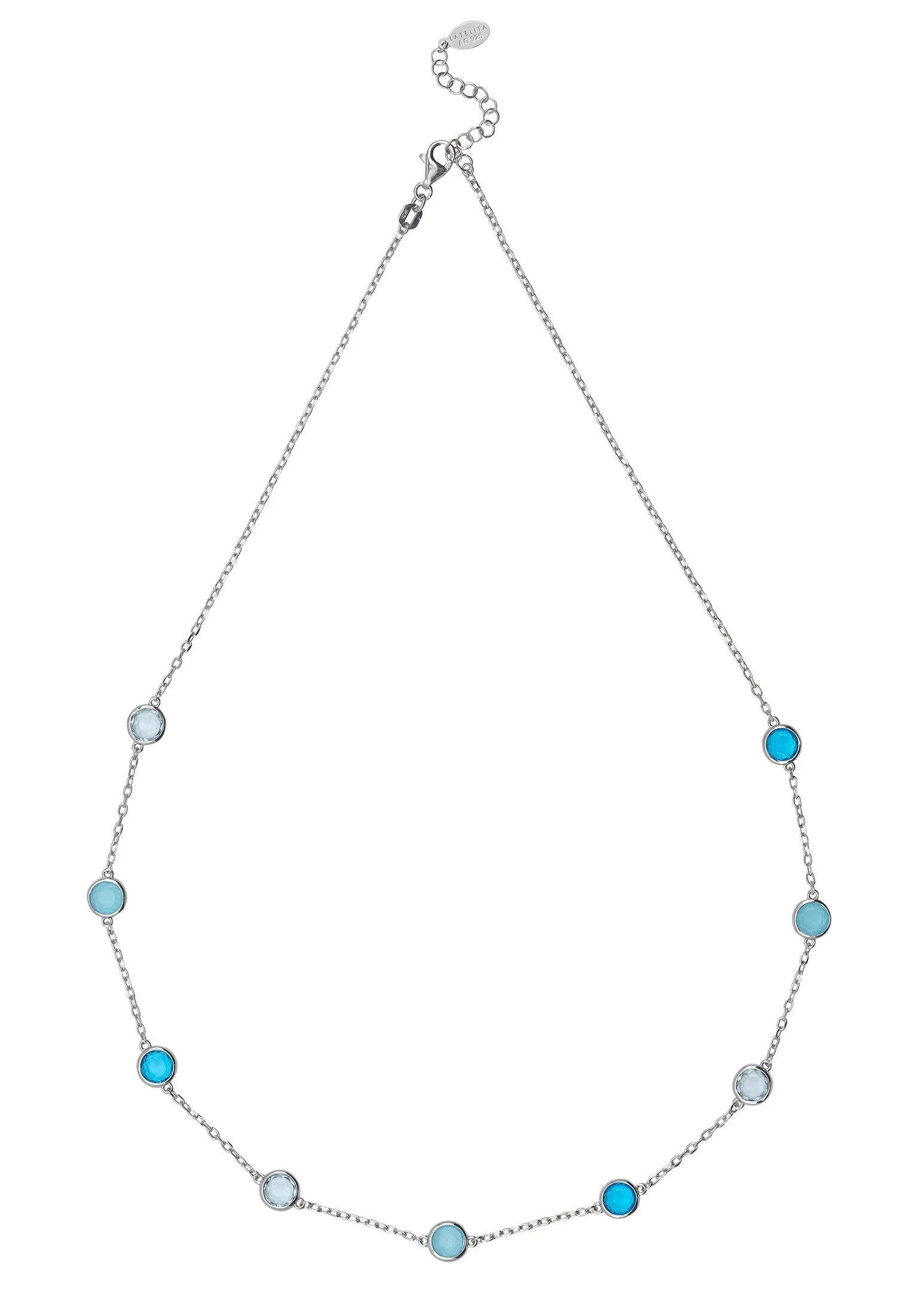 Multiple blue gemstone silver necklace.