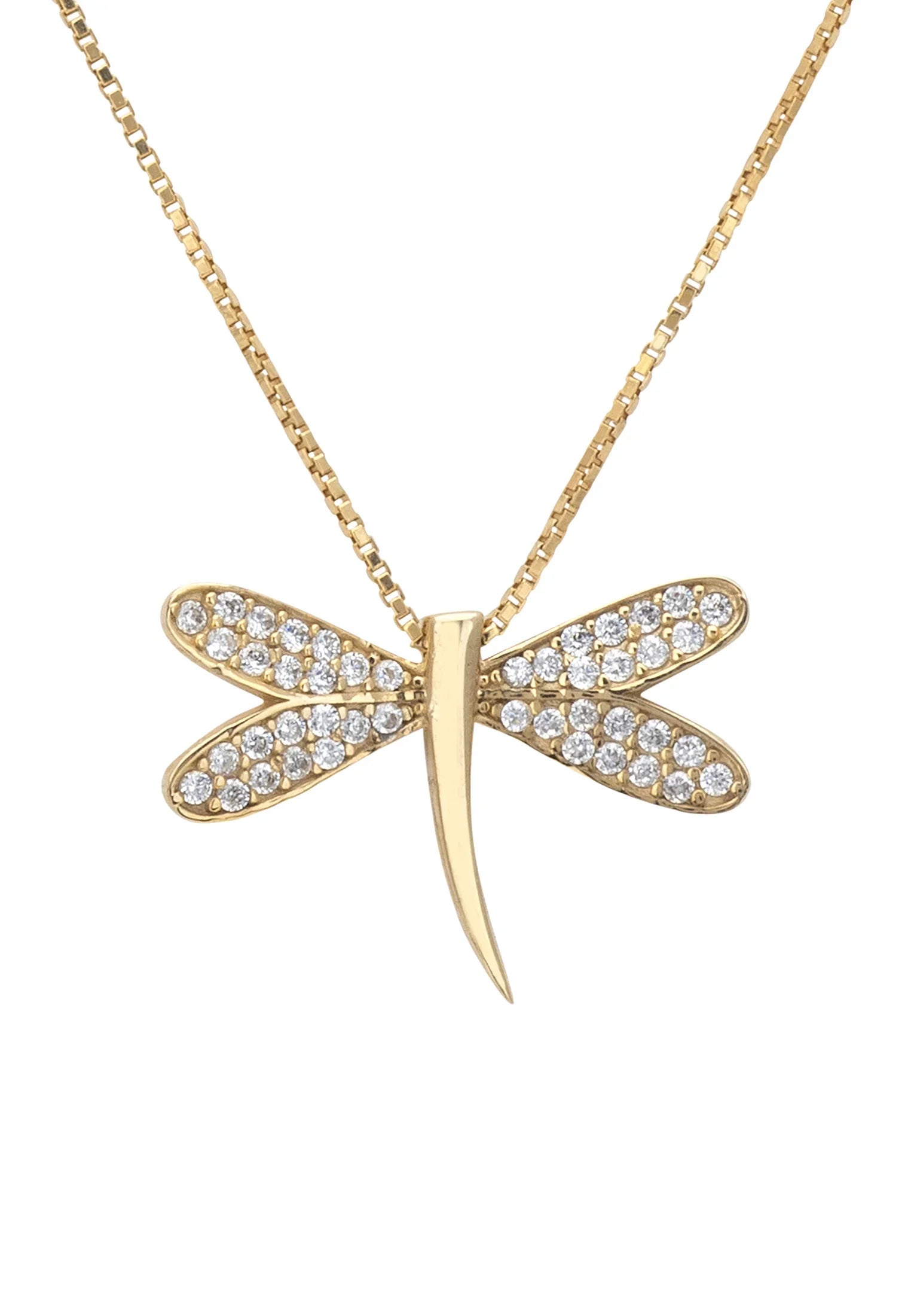 Close-up of the gold dragonfly pendant.