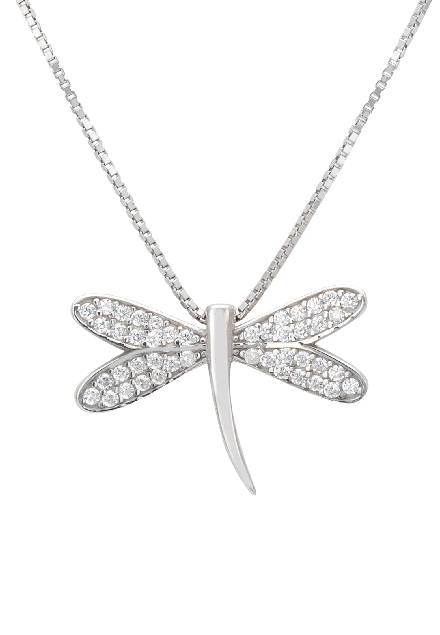 Close-up of the silver dragonfly pendant.