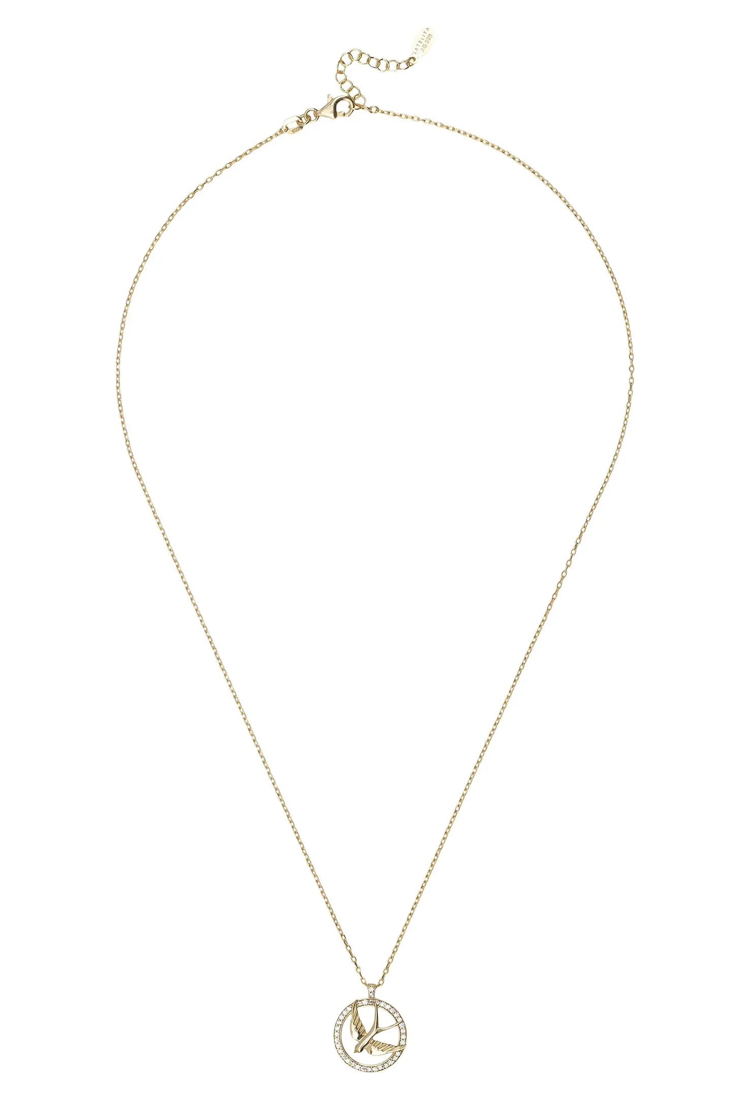 Gold bird necklace with a diamond halo.
