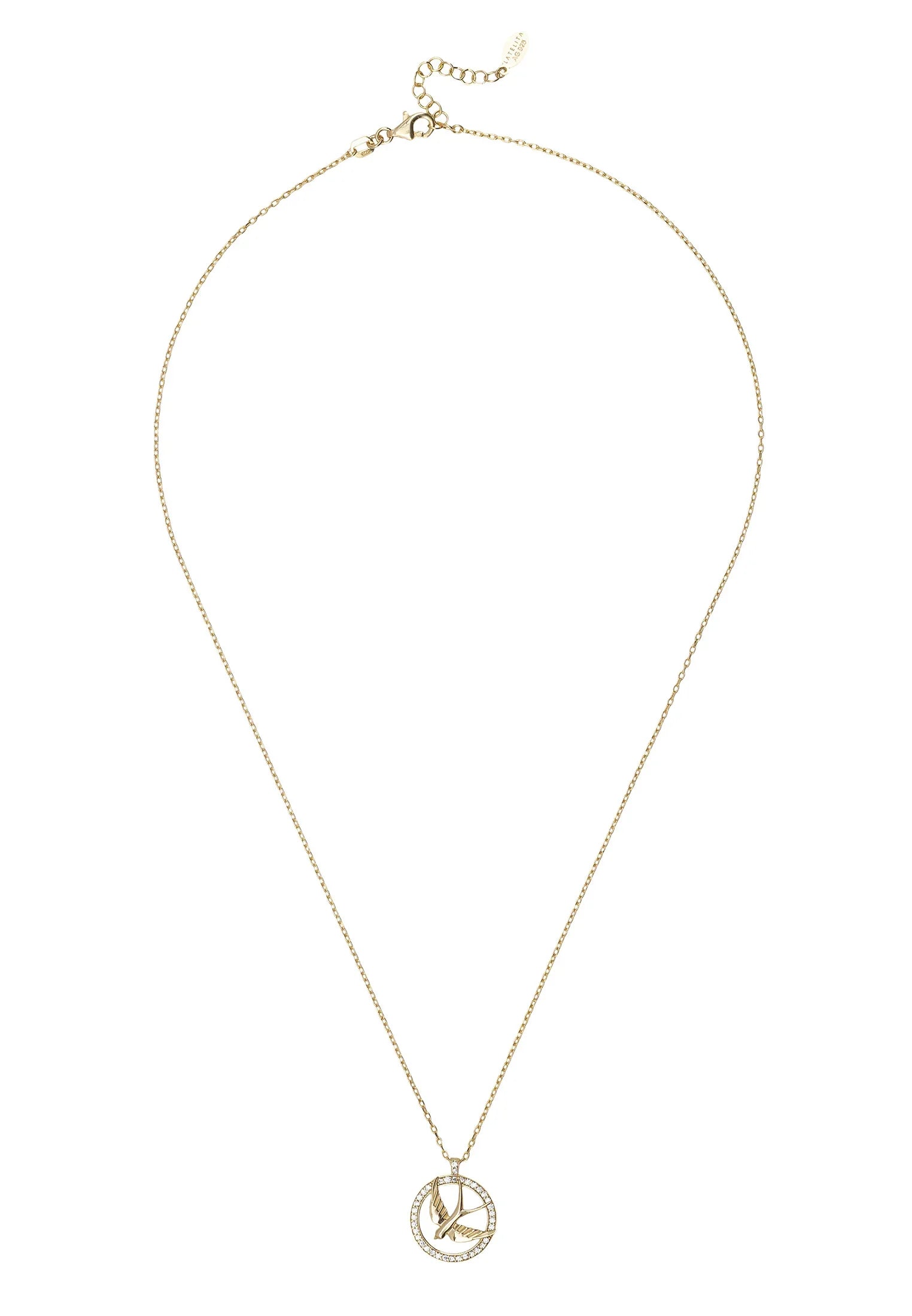 Gold bird necklace with a diamond halo.