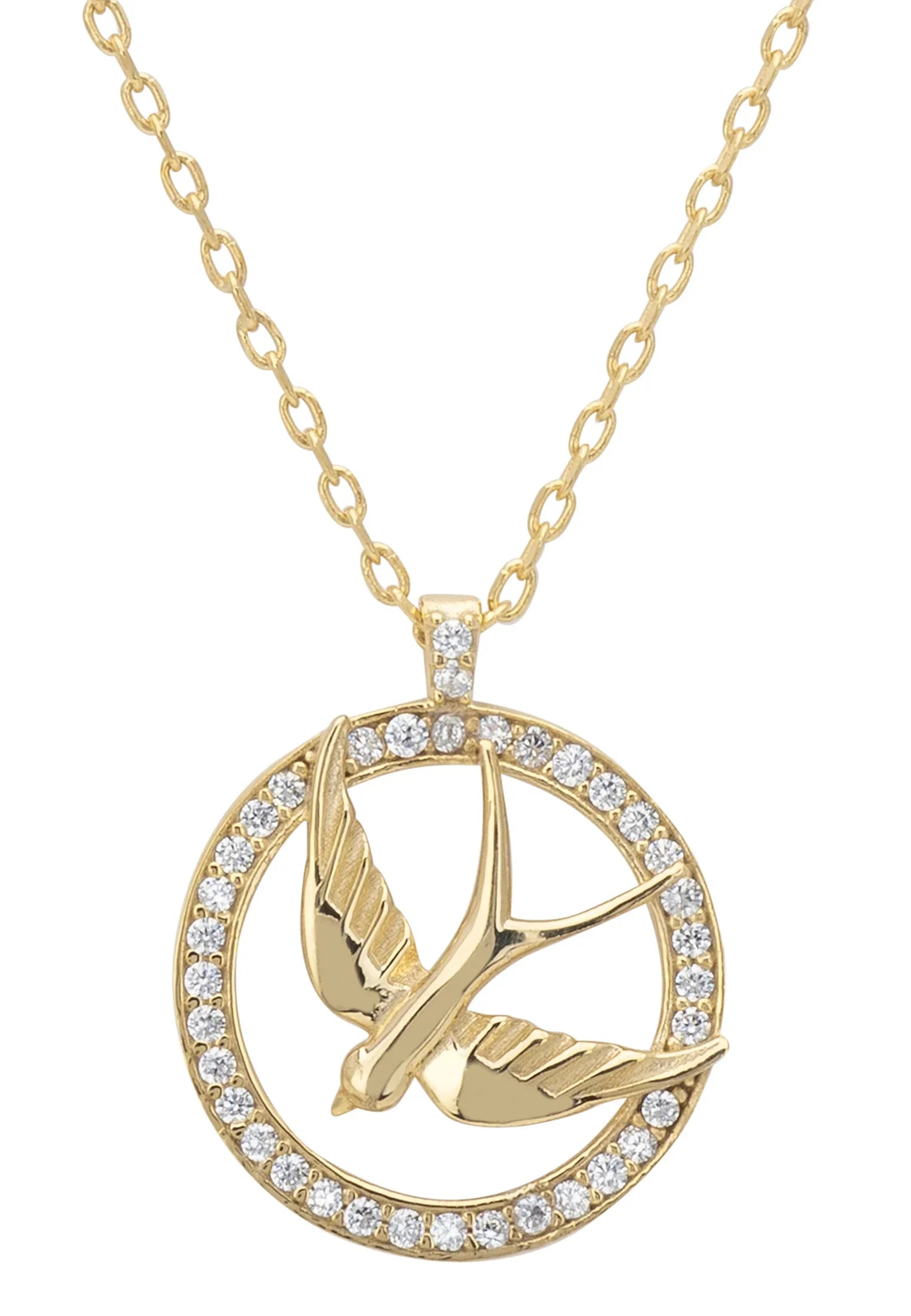 Close-up of the gold bird pendant.
