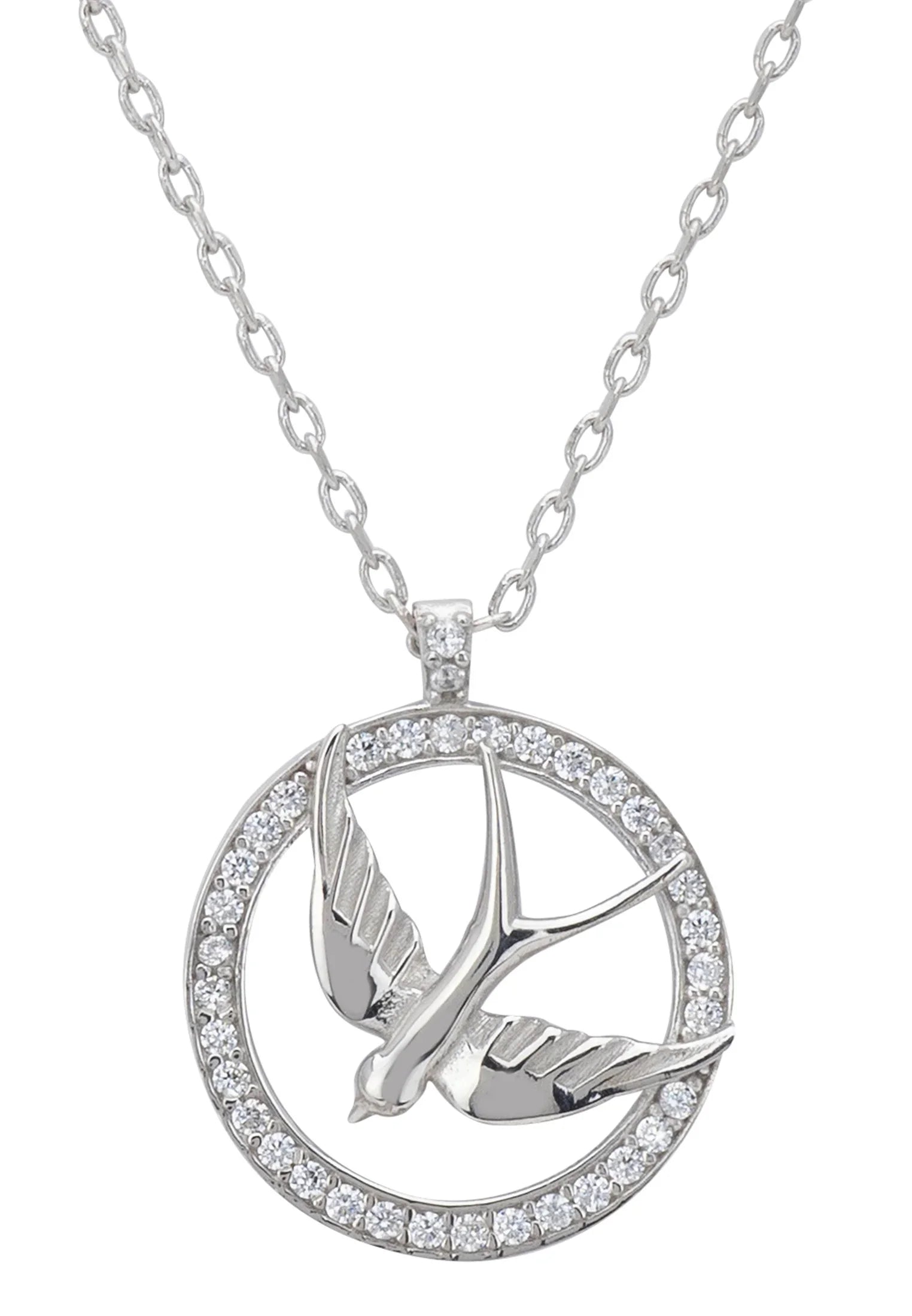Close-up of the silver bird pendant.