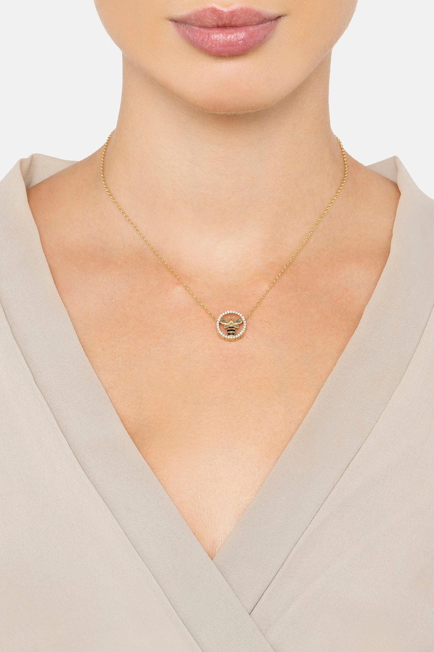 The necklace worn by a model.