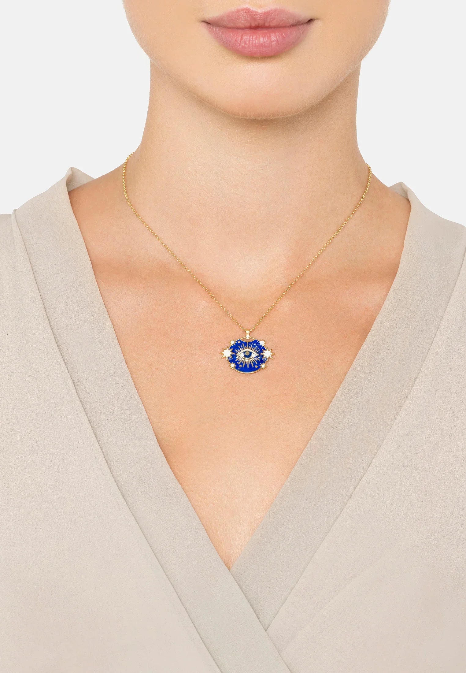 The necklace worn by a model.