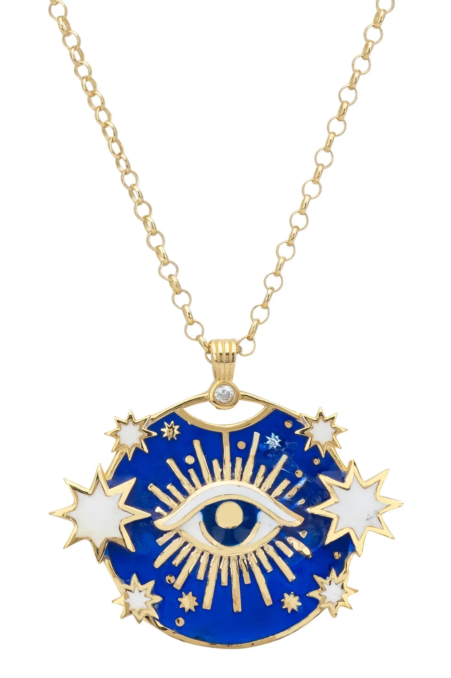Close-up of the celestial all seeing eye gold pendant.