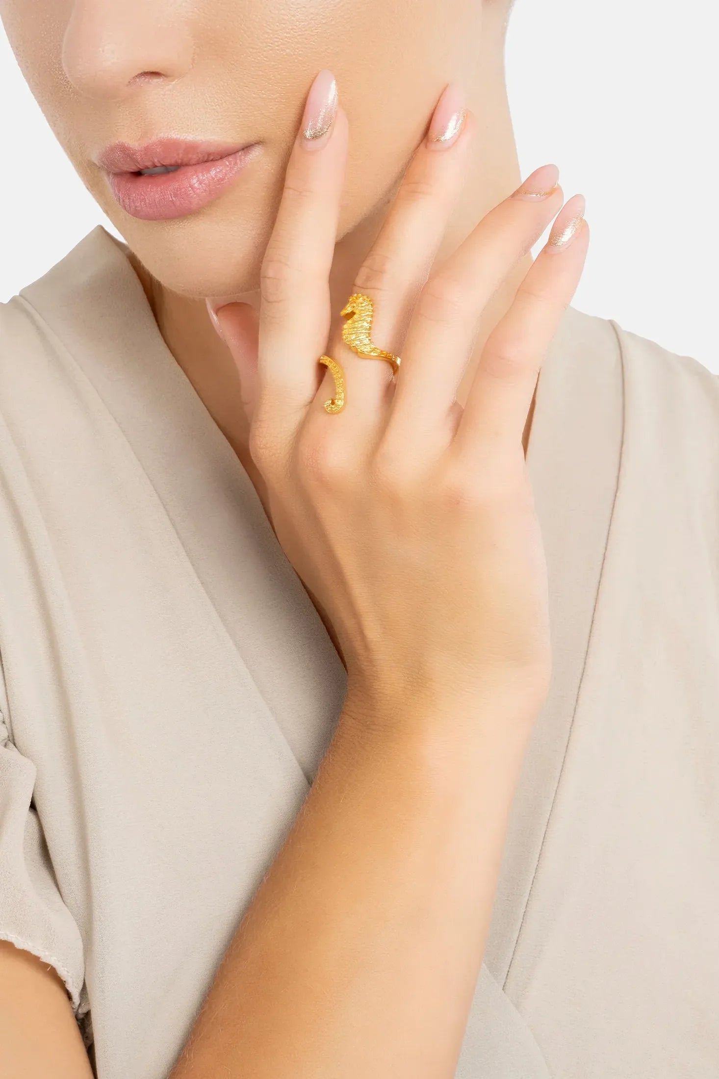 The ring worn by a model.