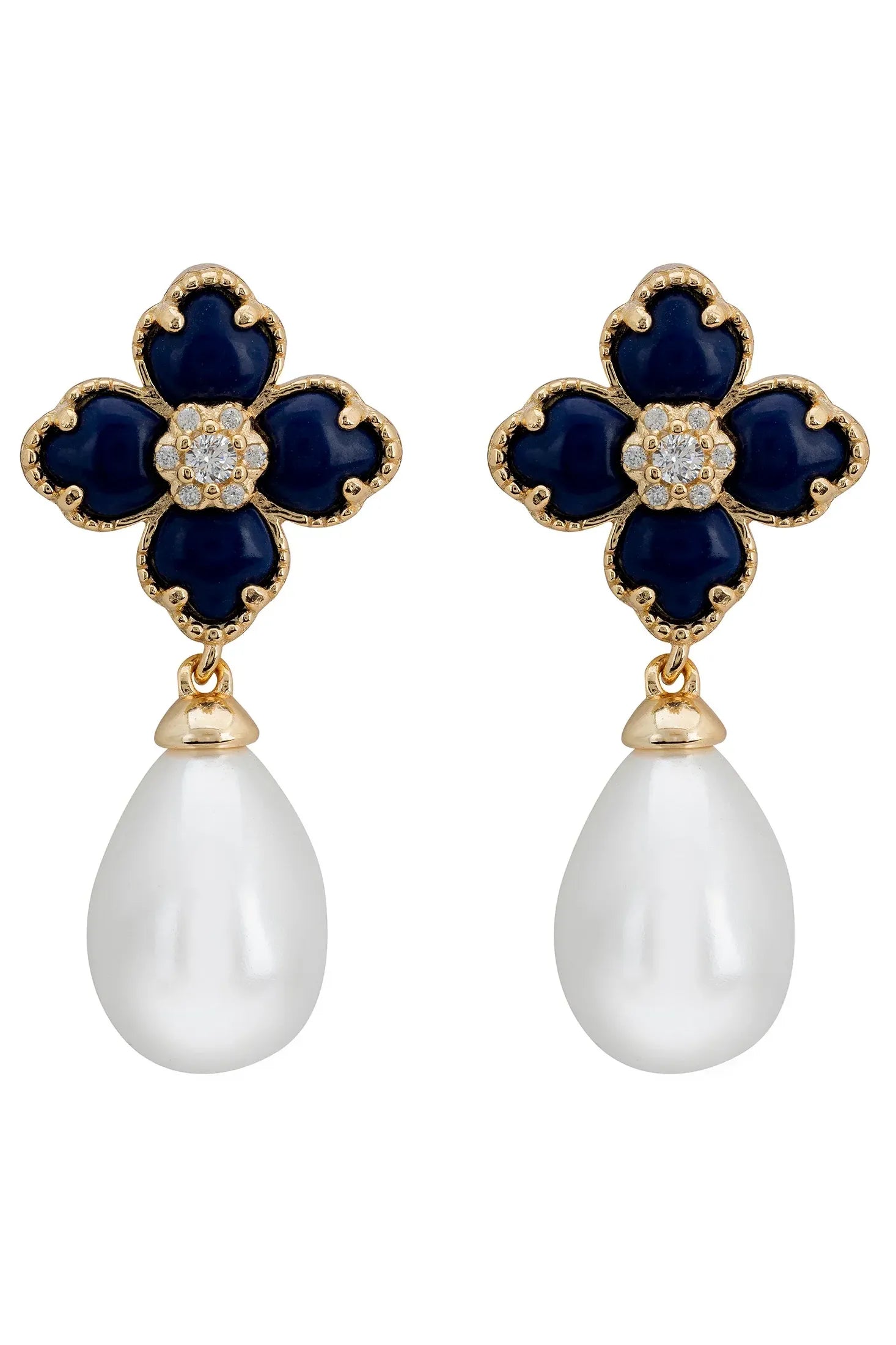 Pearl and dark blue clover gold earrings.