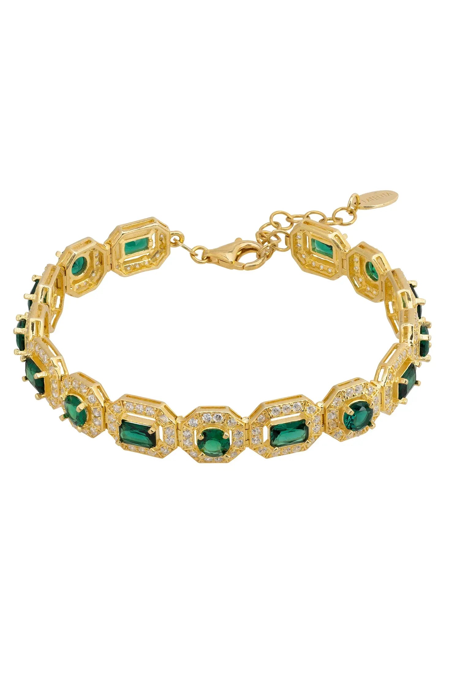 Gold and diamond halo emerald bracelet.