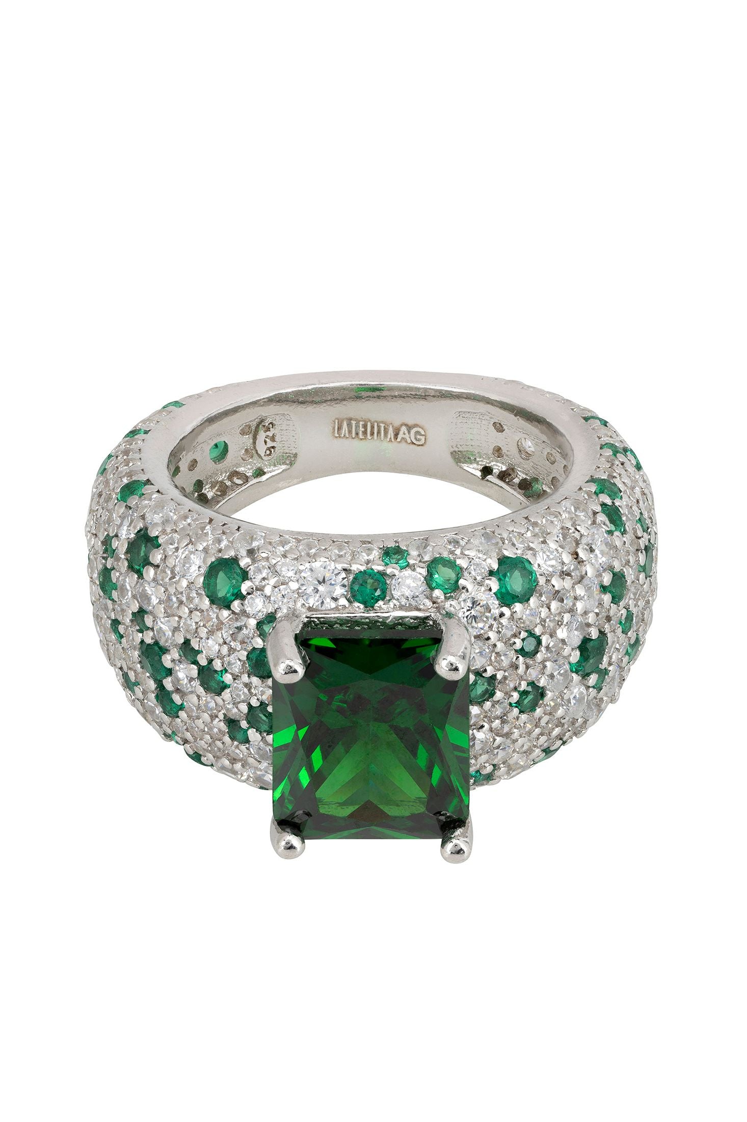 Emerald centerpiece diamond cluster ring.