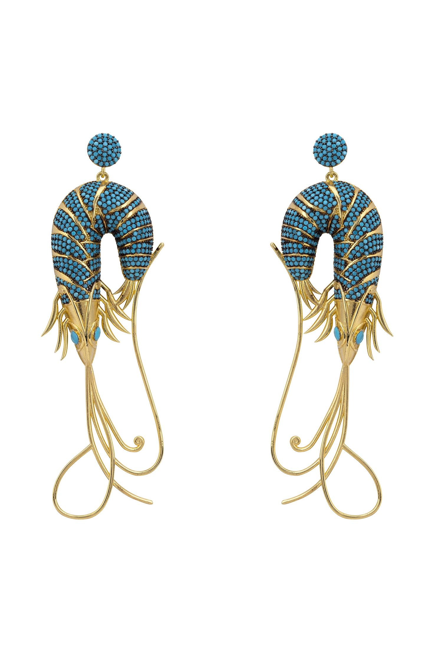 Turquoise and gold shrimp earrings.