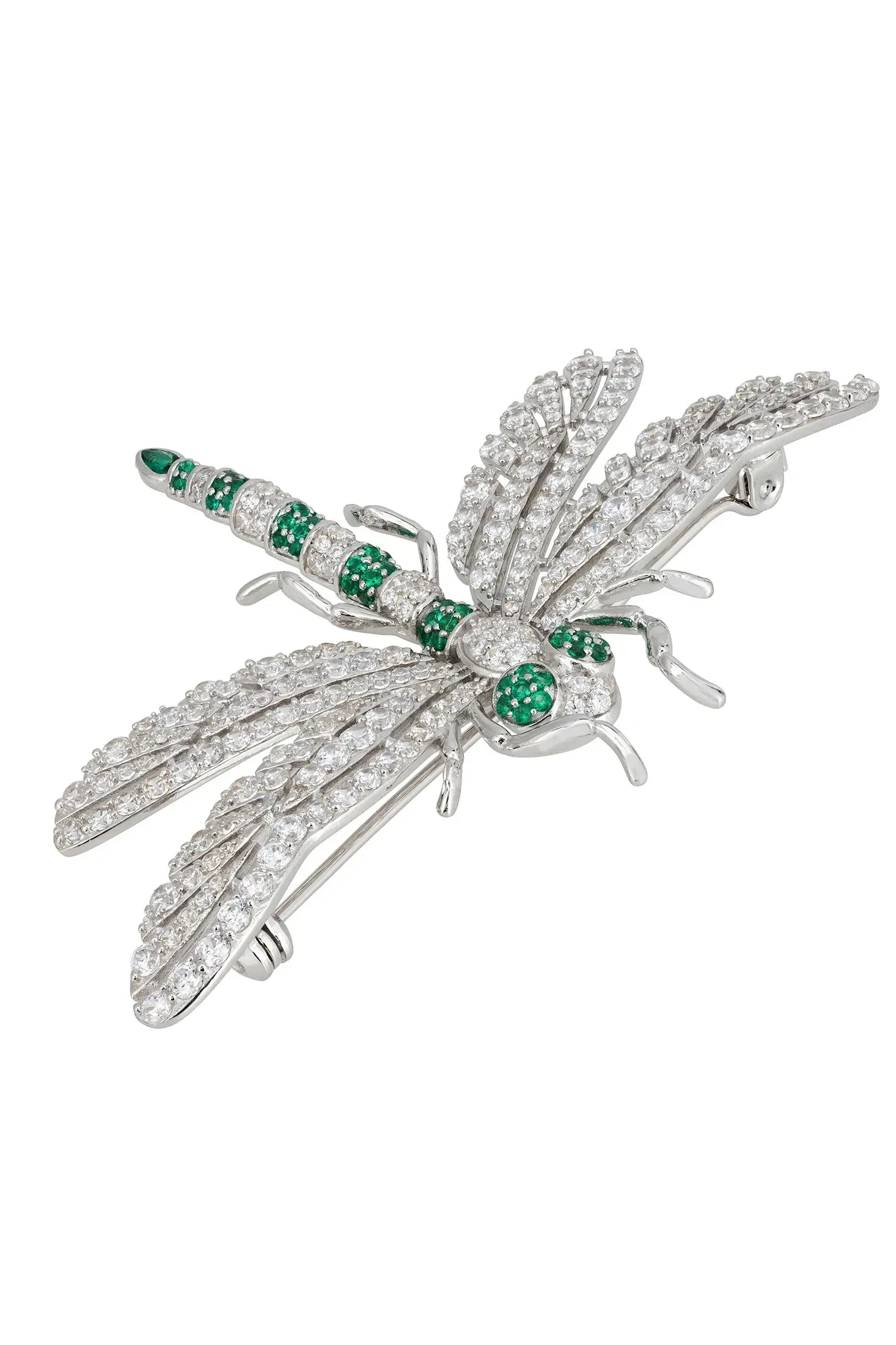 Emerald and silver dragonfly brooch.